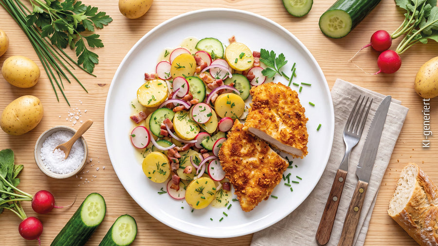 Kartoffel-Radieschensalat mit Hähnchenfilet in knuspriger Panade