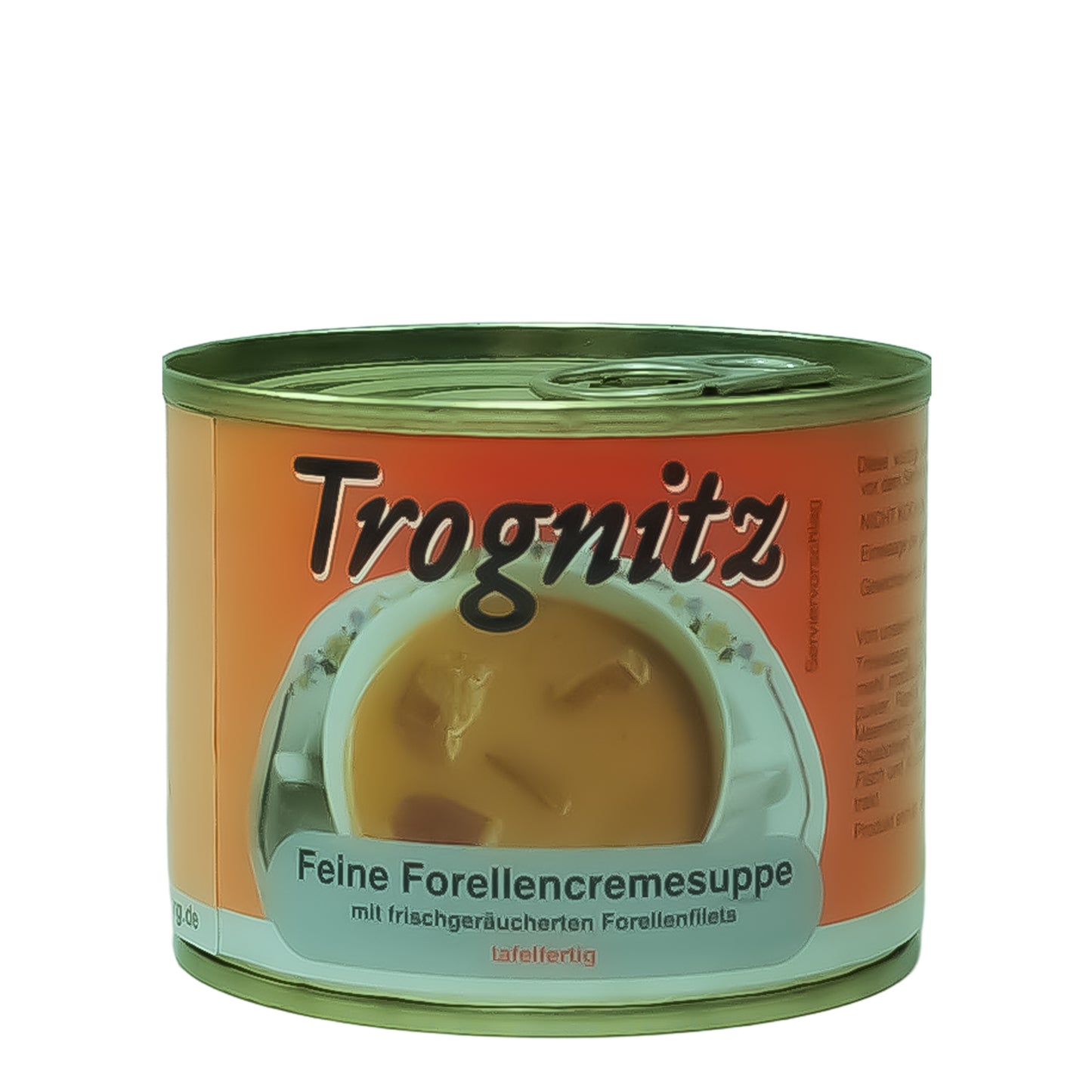 Trognitz Feine Forellencremesuppe - kleine Konservendose mit rotem Etikett und Suppe als Motiv