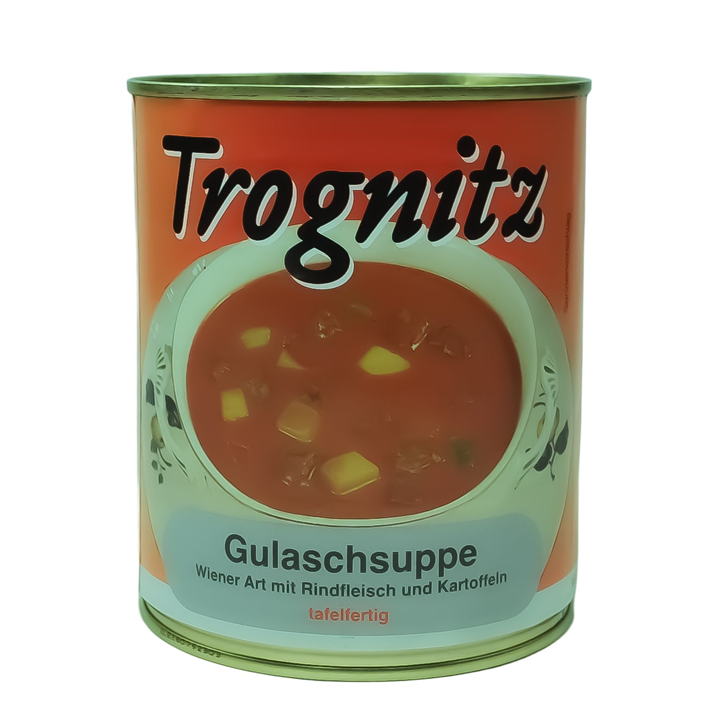 Trognitz Gulaschsuppe Wiener Art - 1 große Konservendose mit rotem Etikett und Suppe als Motiv.