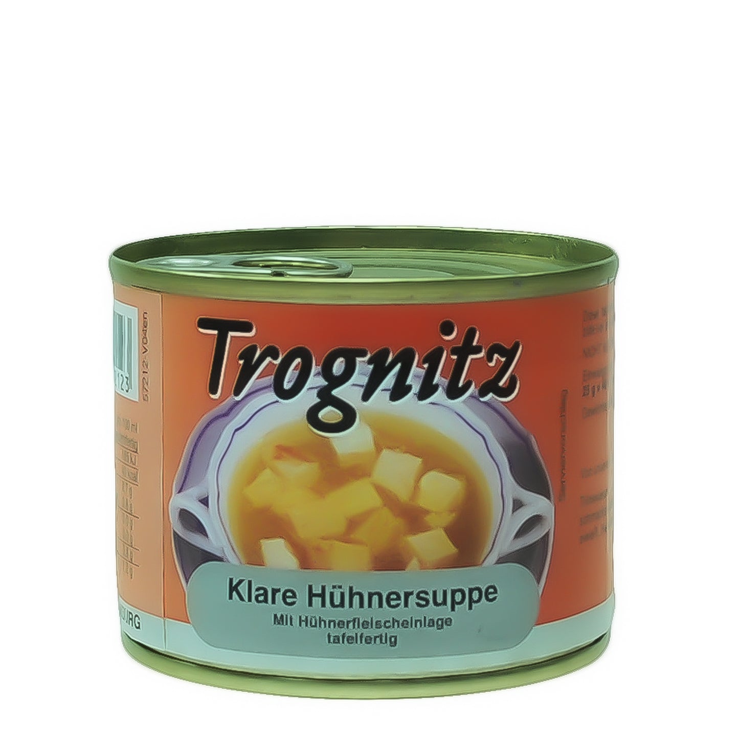 Trognitz Klare Hühnersuppe mit Einlage - 1 kleine Konservendose mit rotem Etikett und Suppe als Motiv