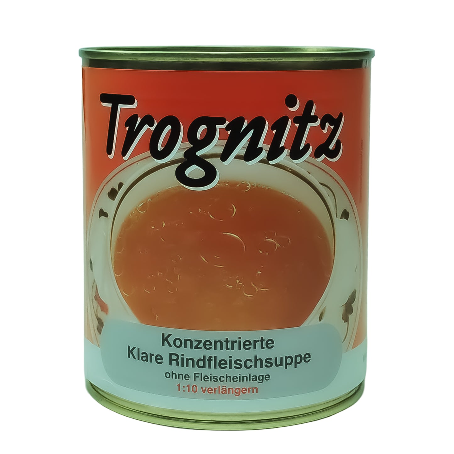 Trognitz Konzentrierte Klare Rindfleischsuppe 1 zu 10 zu verlängern - große Konservendose mit rotem Etikett und Suppe als Motiv