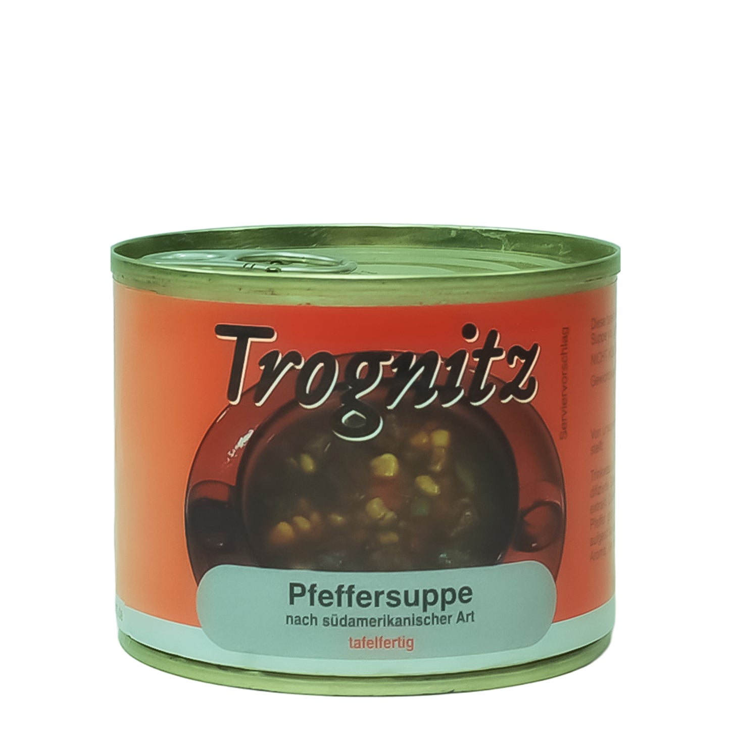 Trognitz Pfeffersuppe nach sudamerikanische Art - kleine Konservendose mit rotem Etikett und Suppe als Motiv.