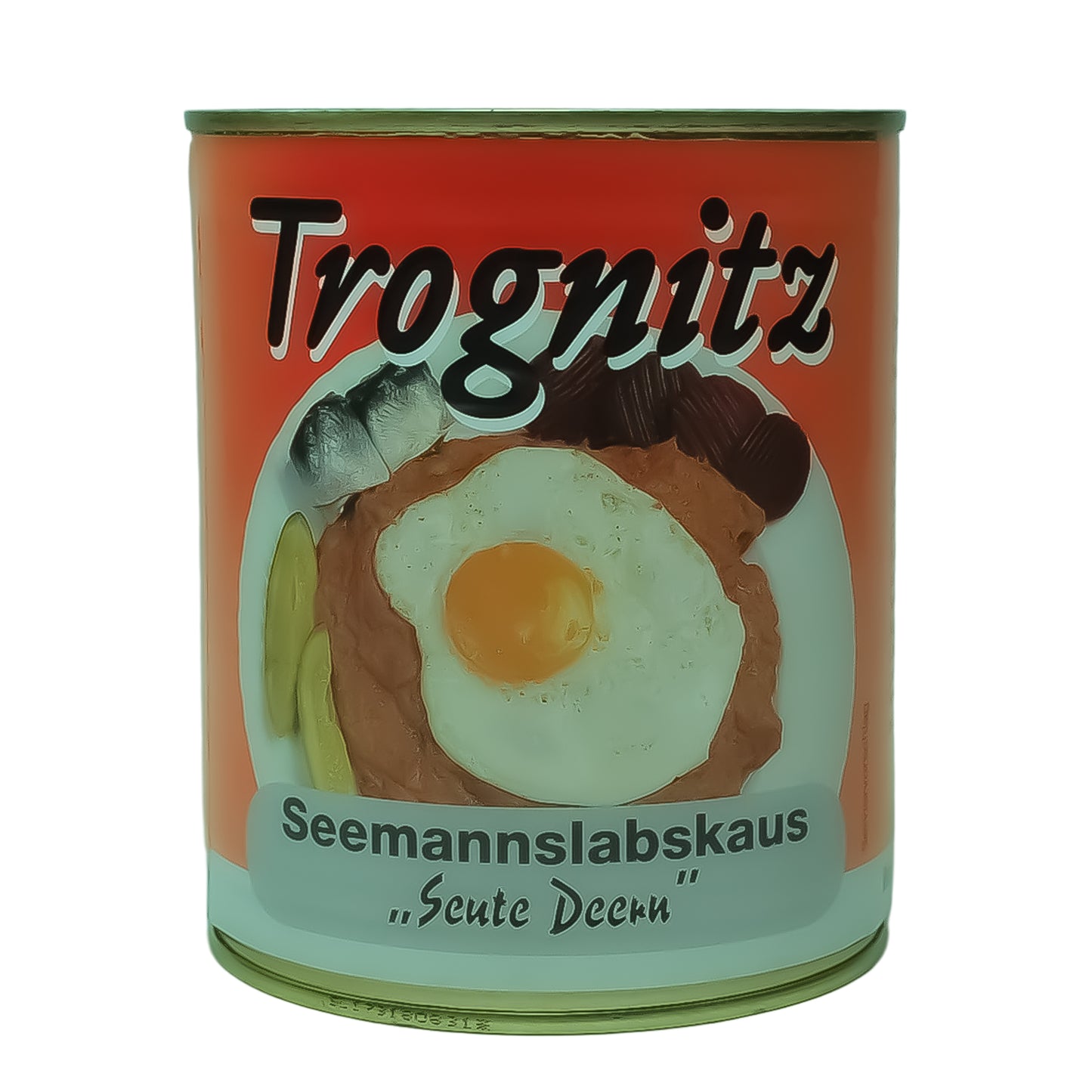 Trognitz Seemannslabskaus - 1 große Konservendose mit rotem Etikett und Gericht als Motiv.