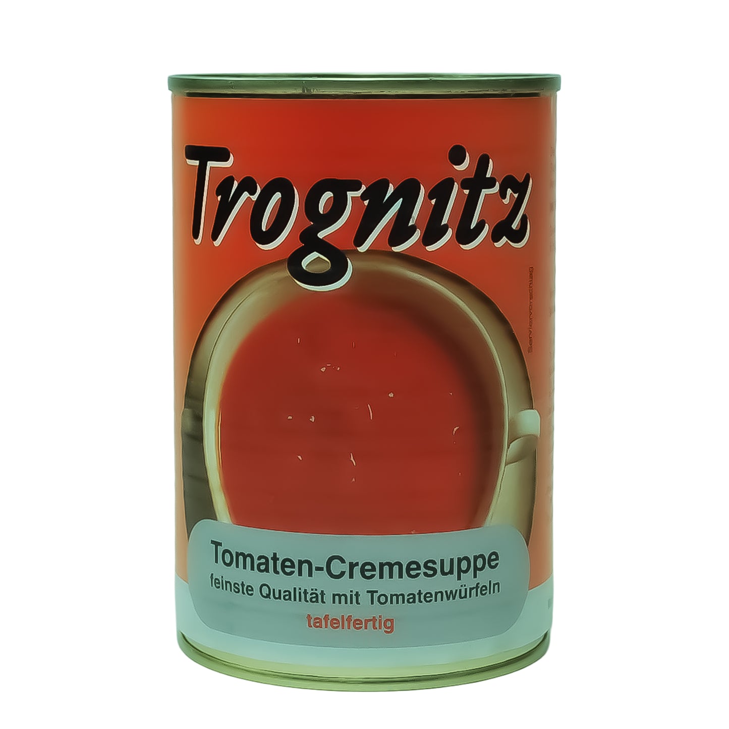 Trognitz Tomatencremesuppe - Konservendose mit rotem Etikett und Suppe als Motiv.