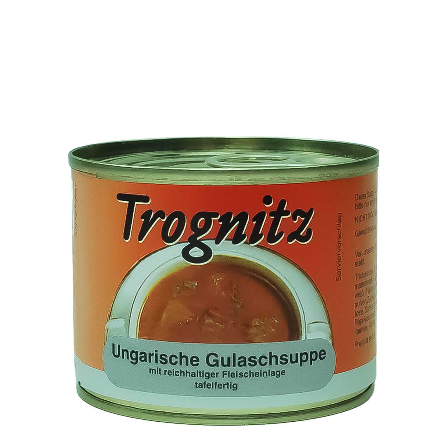 Trognitz Ungarische Gulaschsuppe - 1 kleine Konservendose mit rotem Etikett und Suppe als Motiv.