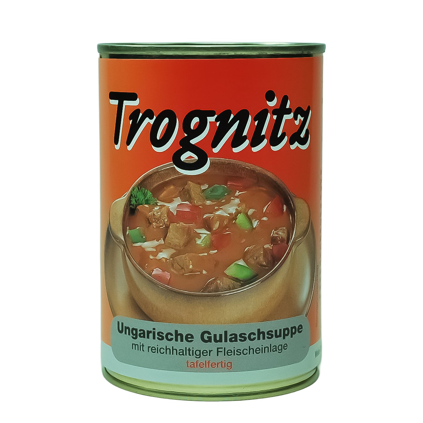 Trognitz Ungarische Gulaschsuppe - 1 Konservendose mit rotem Etikett und Suppe als Motiv.