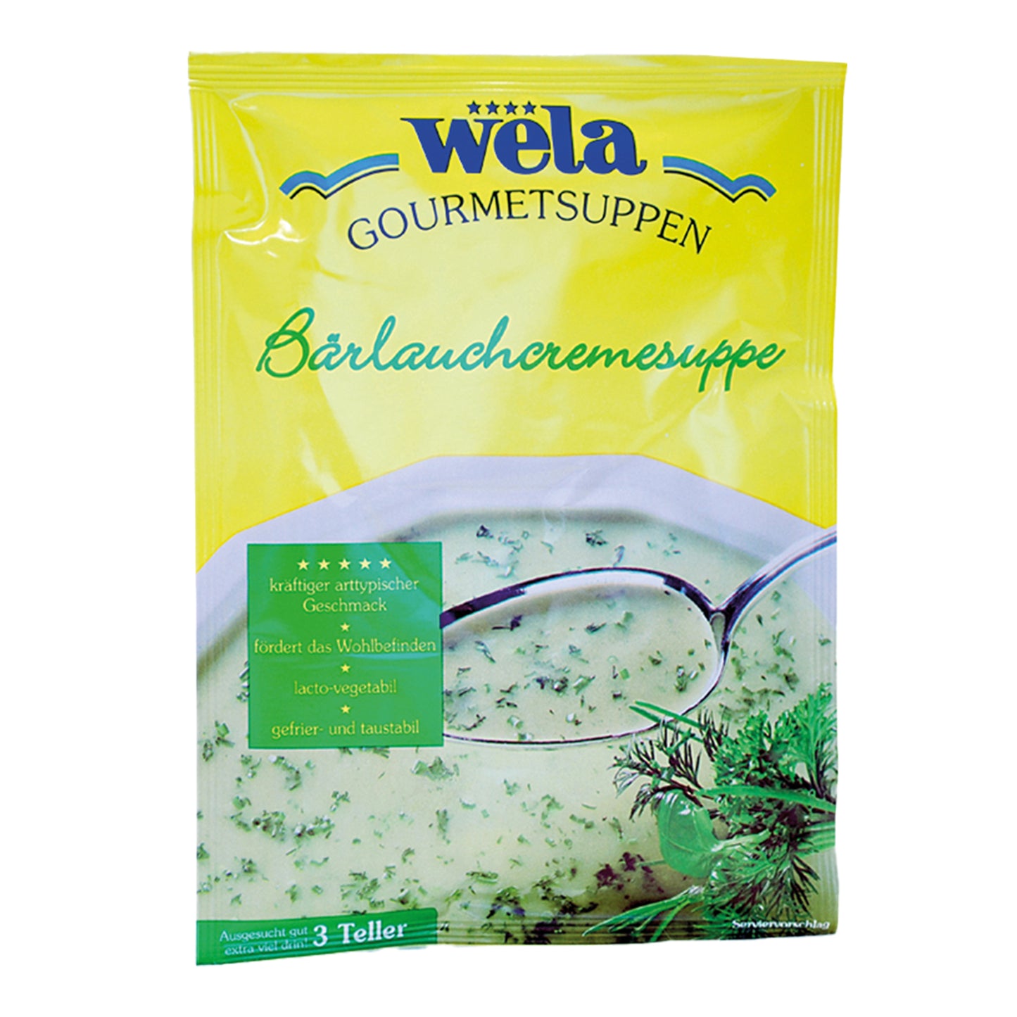 Ein gelber Suppenbeutel mit grüner Aufschrift und Suppe als Motiv.