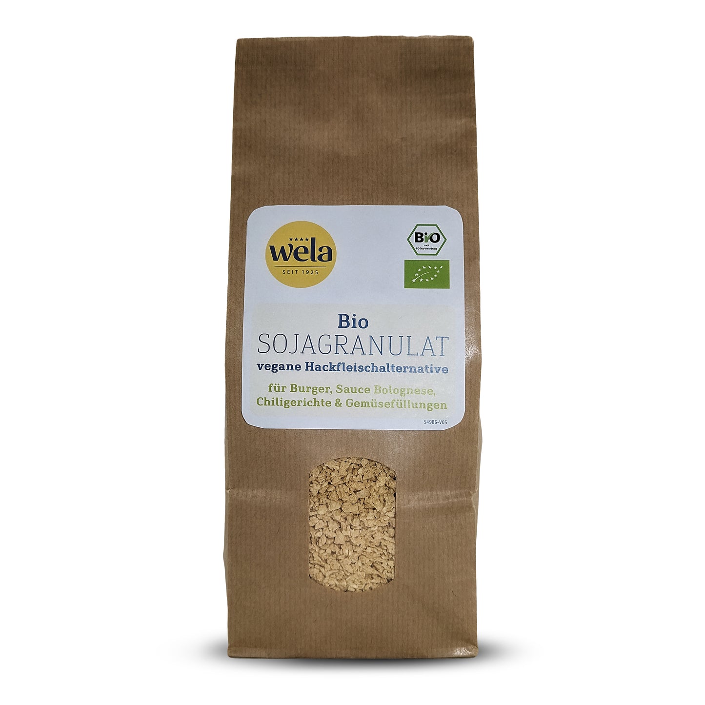 Wela Bio Sojagranulat – brauner Beutel mit Sichtfenster und weißem Etikett mit grüner und blauer Aufschrift.