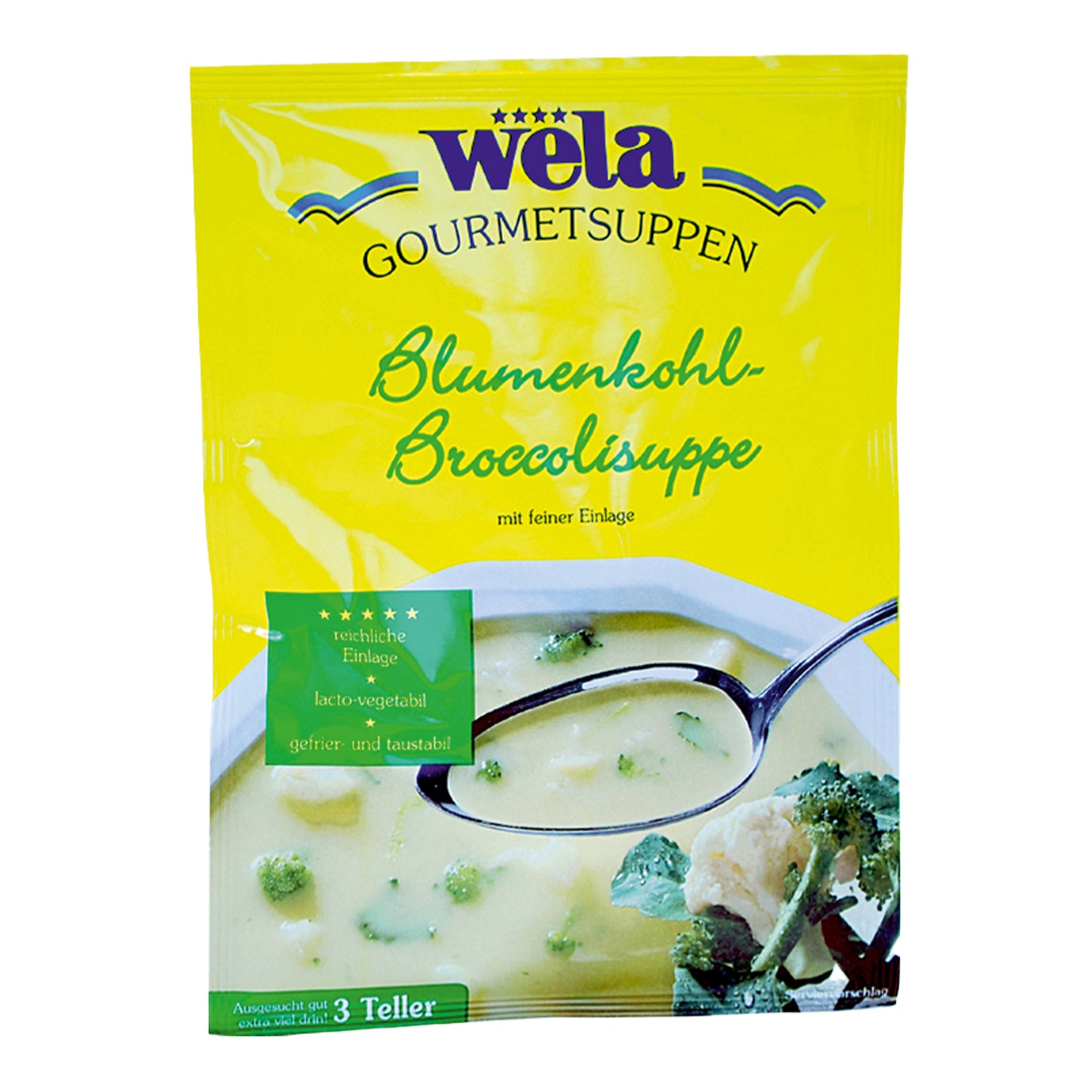 Ein gelber Suppenbeutel mit grüner Aufschrift und Suppe als Motiv.