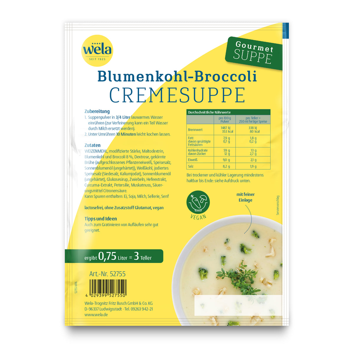Wela Blumenkohl-Broccolicremesuppe Gourmet, 3 Teller – Beutel Rückseite mit Zubereitung, Zutaten und Nährwerten