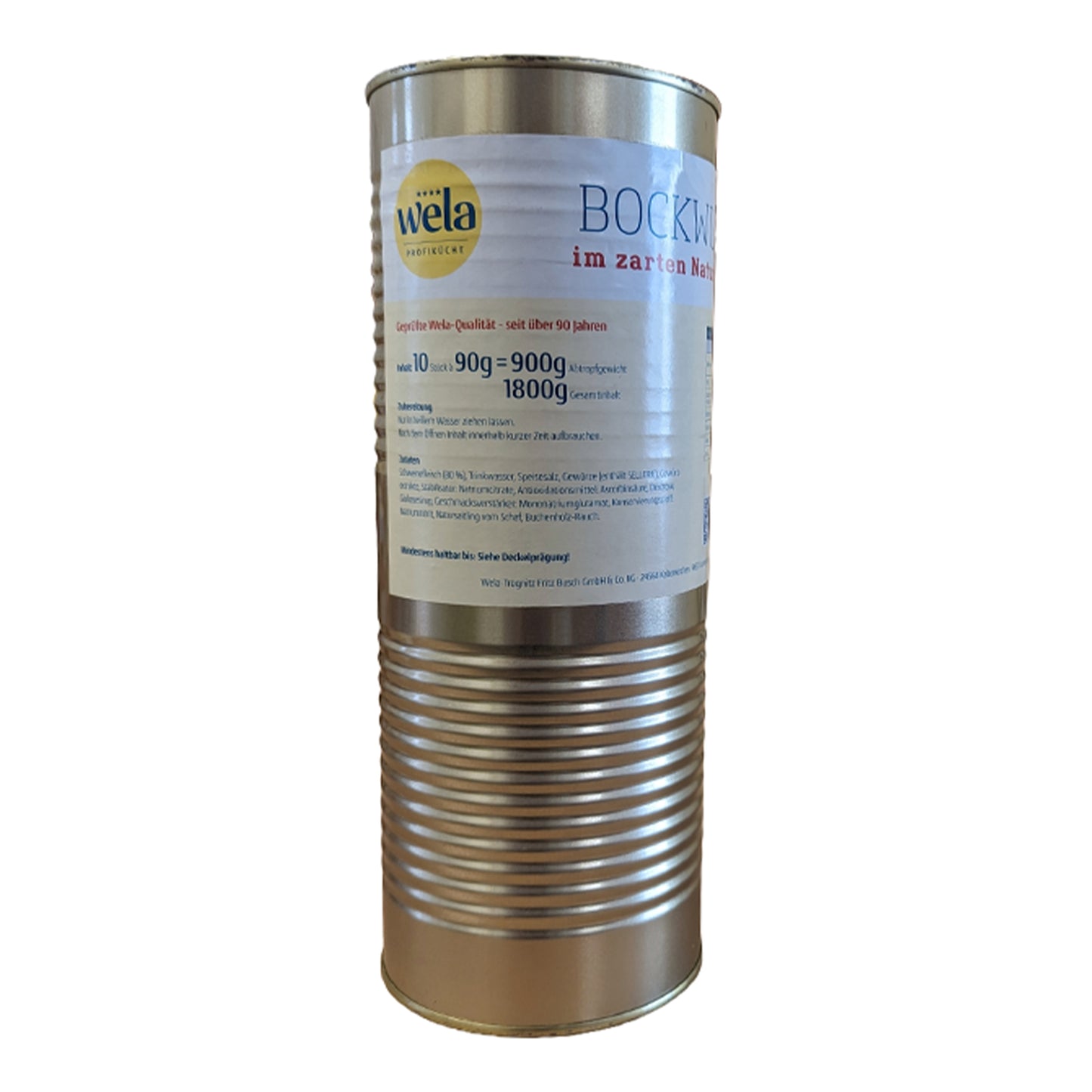 Wela Bockwürste - 1 große Metalldose mit weißem Etikett und Aufdruck.