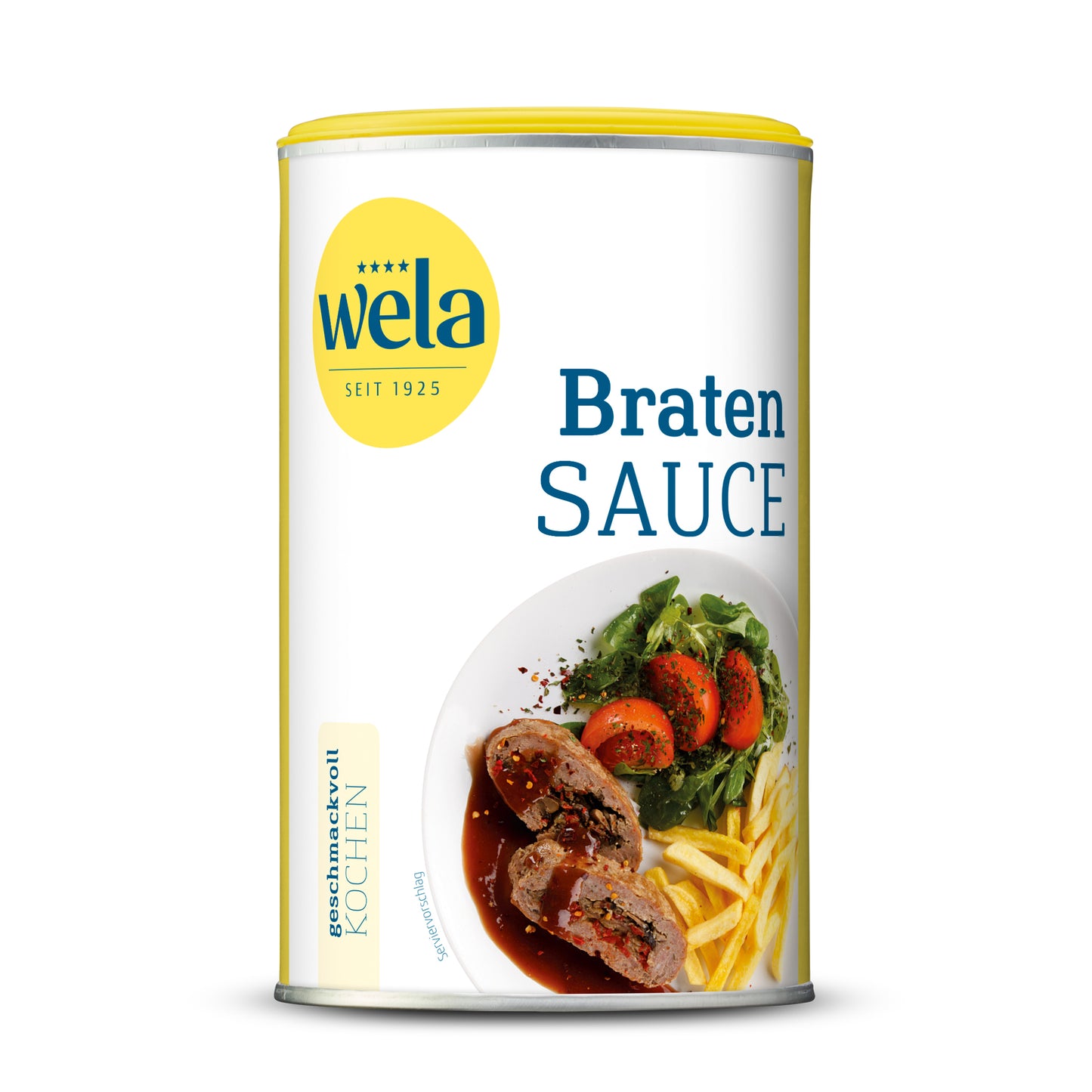 Wela Bratensauce - Dose mit weiß-gelbem Etikett, Schriftzug und Tellergericht als Motiv.