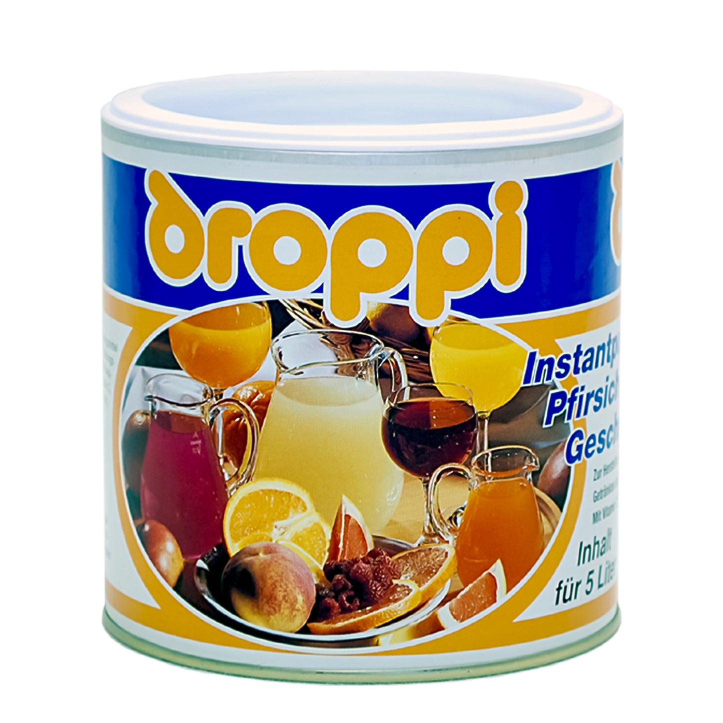 Wela Droppi Pfirsich-Maracuja Geschmack - eine Dose mit bunten Illustrationen auf dem Etikett.