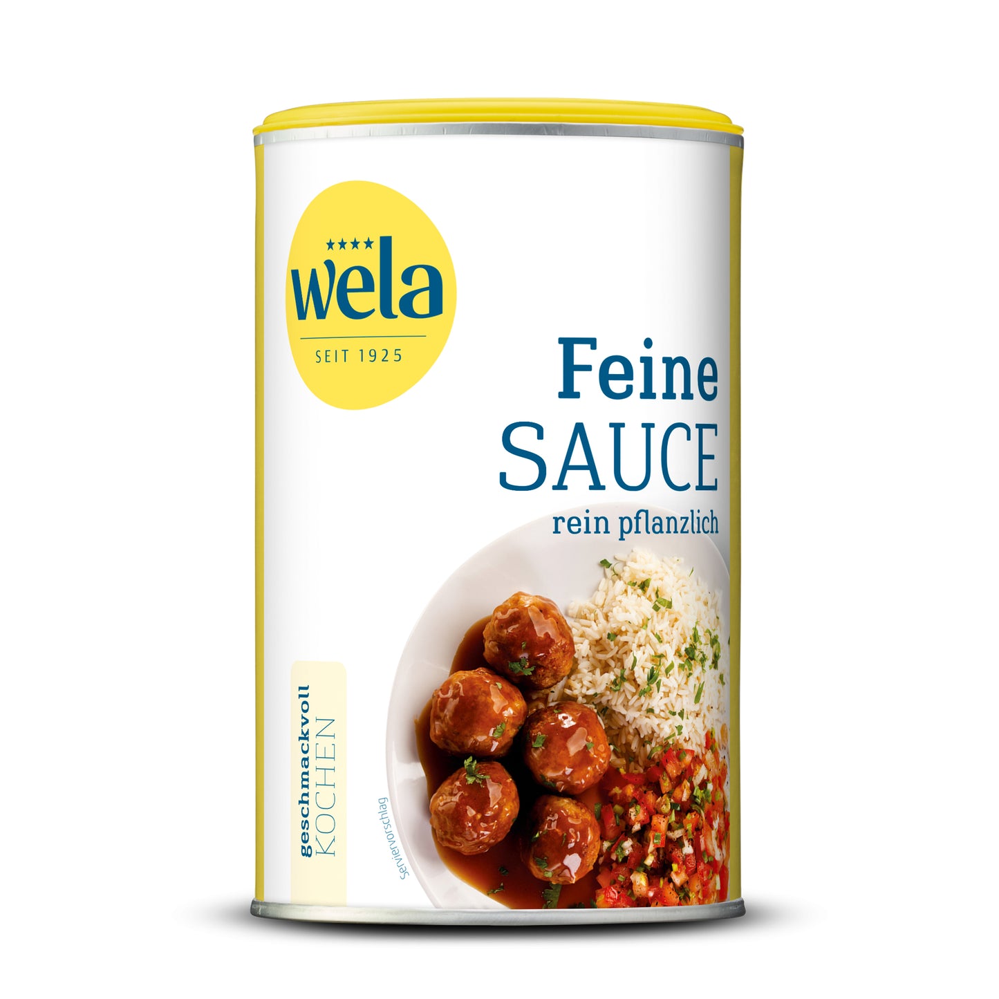 Wela Feine Sauce rein pflanzlich - Dose mit weiß-gelbem Etikett, Schriftzug und Tellergericht als Motiv.