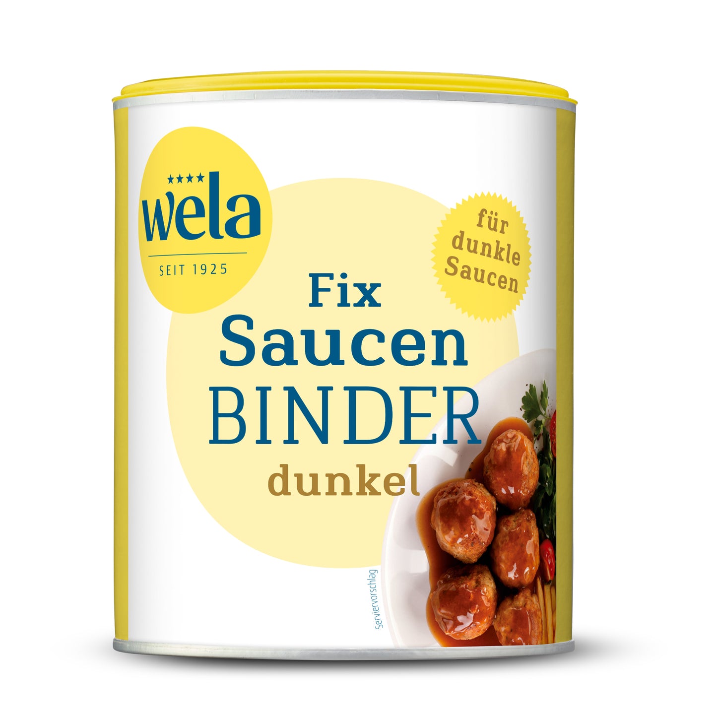 Wela Fix Saucenbinder dunkel - eine Dose mit weiß-gelbem Etikett, Produktbezeichnung und Tellergericht als Motiv.