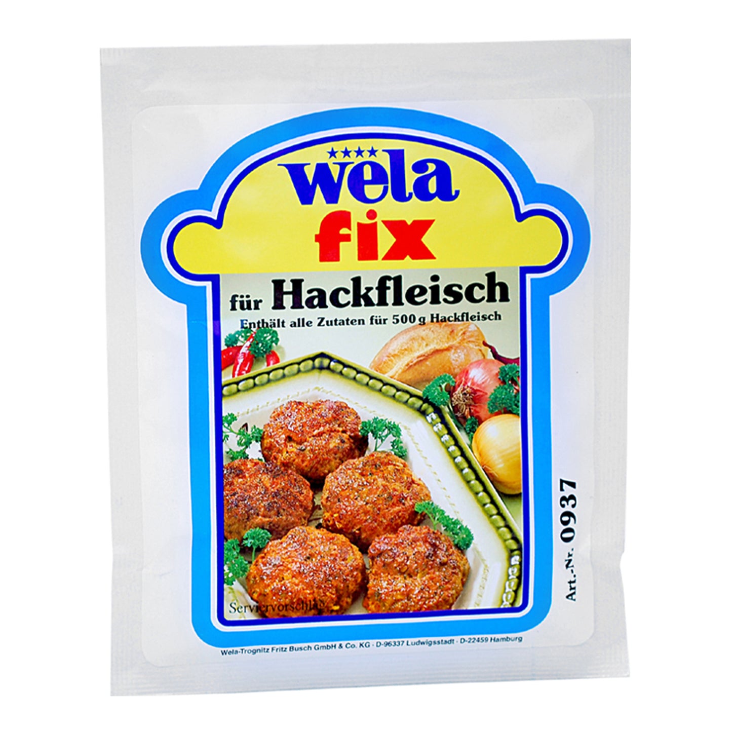 Wela Fix für Hackfleisch – weißer Beutel mit farbigem Etikett, Produktbezeichnung und Tellergericht als Motiv.
