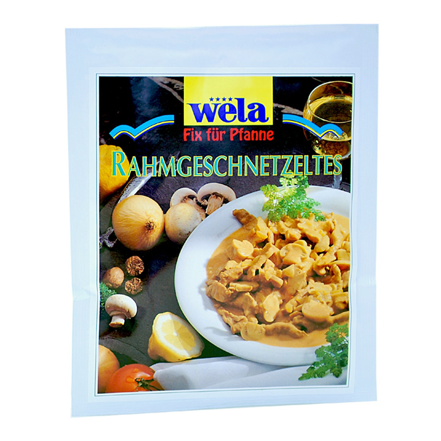 Wela Fix für Rahmgeschnetzeltes – weißer Beutel mit farbigem Etikett, Produktbezeichnung und Tellergericht als Motiv.