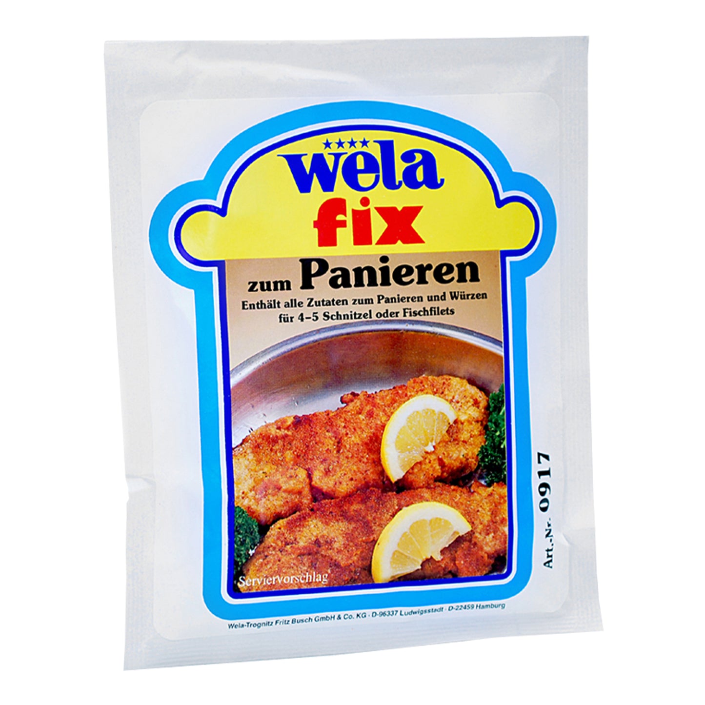 Wela Fix zum Panieren – weißer Beutel mit farbigem Etikett, Produktbezeichnung und Tellergericht als Motiv.