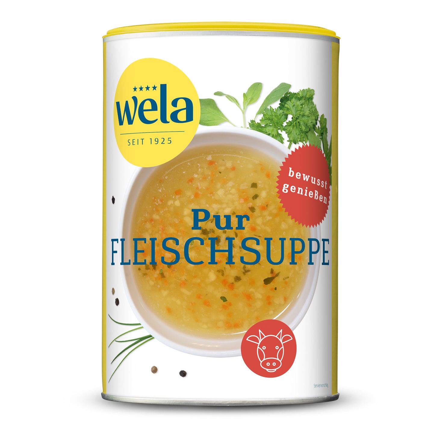 Wela Pur Fleischsuppe gekörnt - Vorratsdose mit gelb-weißem Vorderseitenetikett, Motiv einer Brühe mit Kräutern.