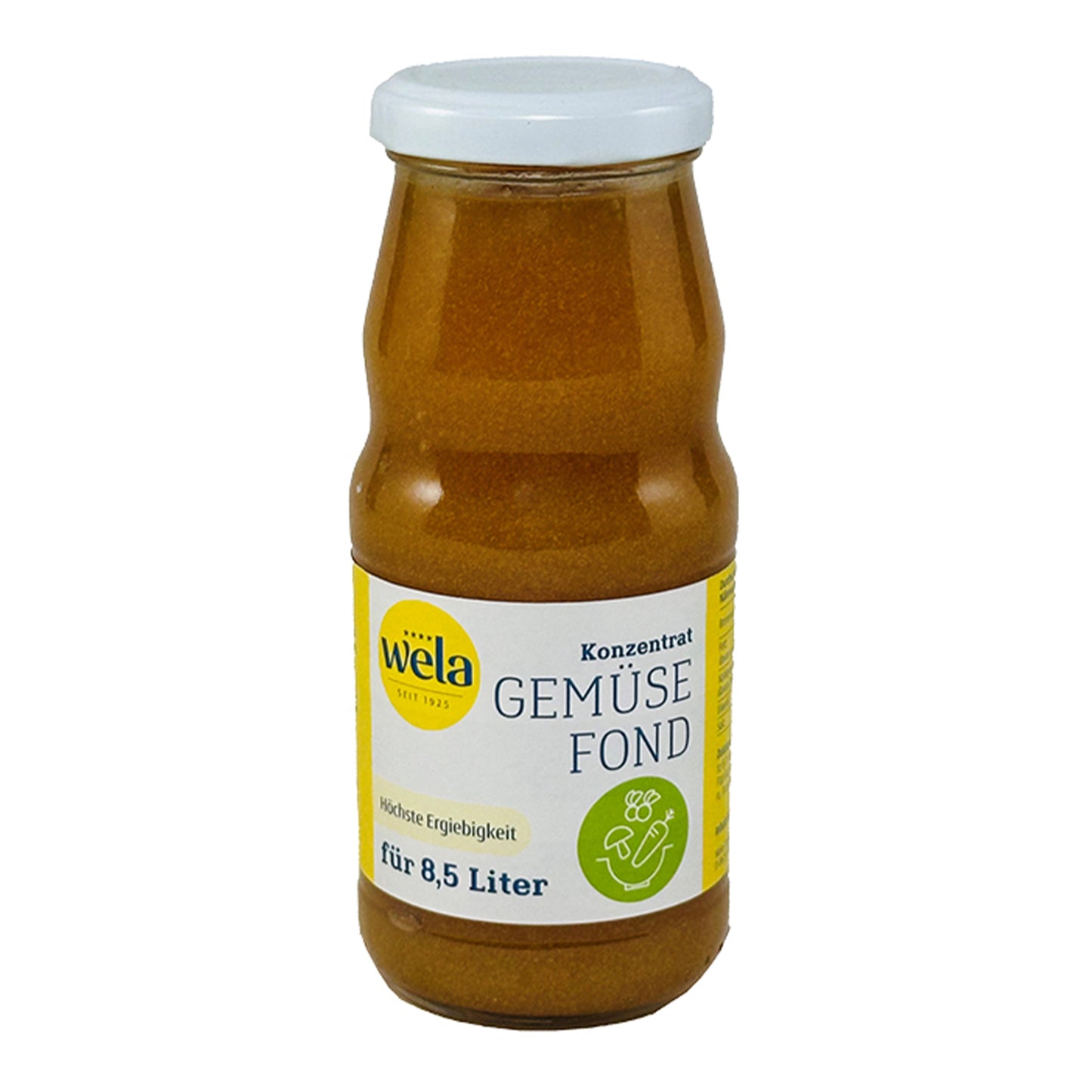 Wela Gemüsefond Konzentrat - Flasche mit hellem Fond und gelb-weißen Etikett.