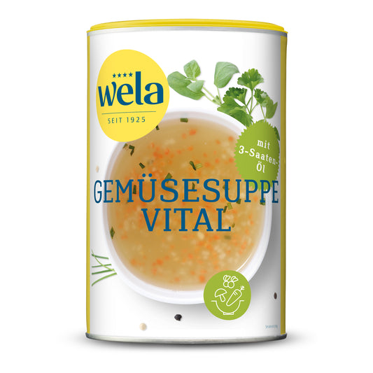Wela Gemüsesuppe vital gekörnt - Vorratsdose mit gelb-weißem Vorderseitenetikett, Motiv einer Brühe mit Kräutern.