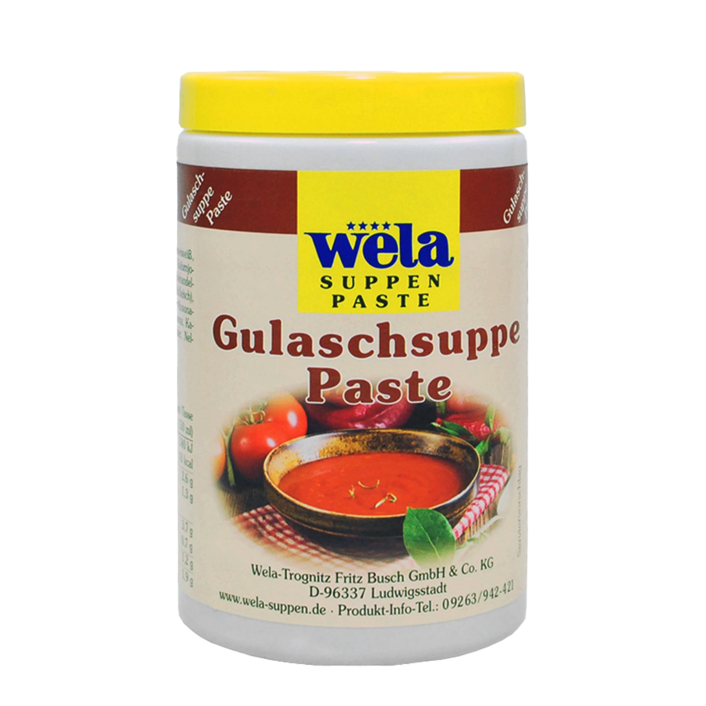 Wela Gulaschsuppe Paste – weiße Kunststoffdose mit gelbem Deckel und Etikett mit Suppenmotiv