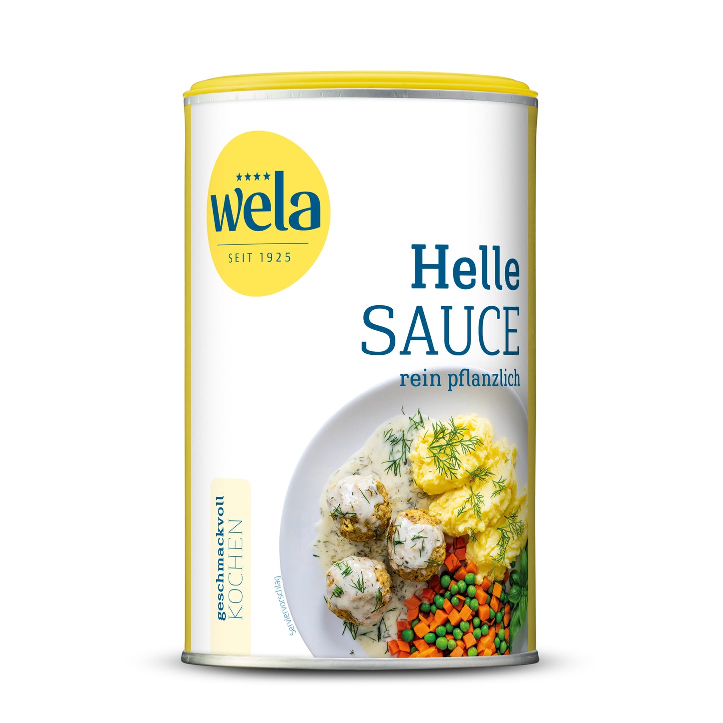 Wela Helle Sauce rein pflanzlich - Dose mit weiß-gelbem Etikett, Produktbezeichnung und Tellergericht als Motiv.