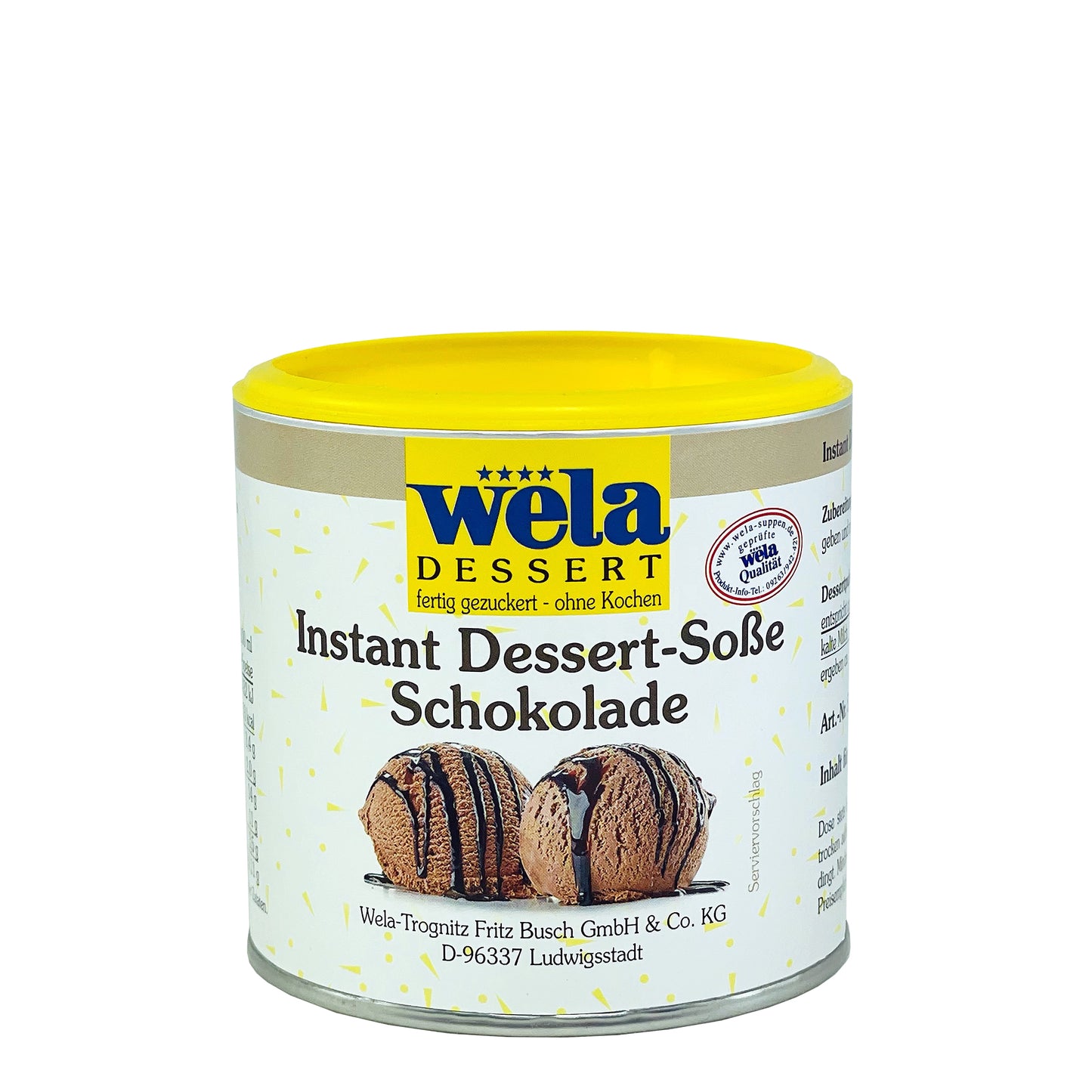 Wela Instant Dessert-Sauce Schokolade - eine kleine Dose mit weißem Etikett und zwei Eiskugeln als Motiv.