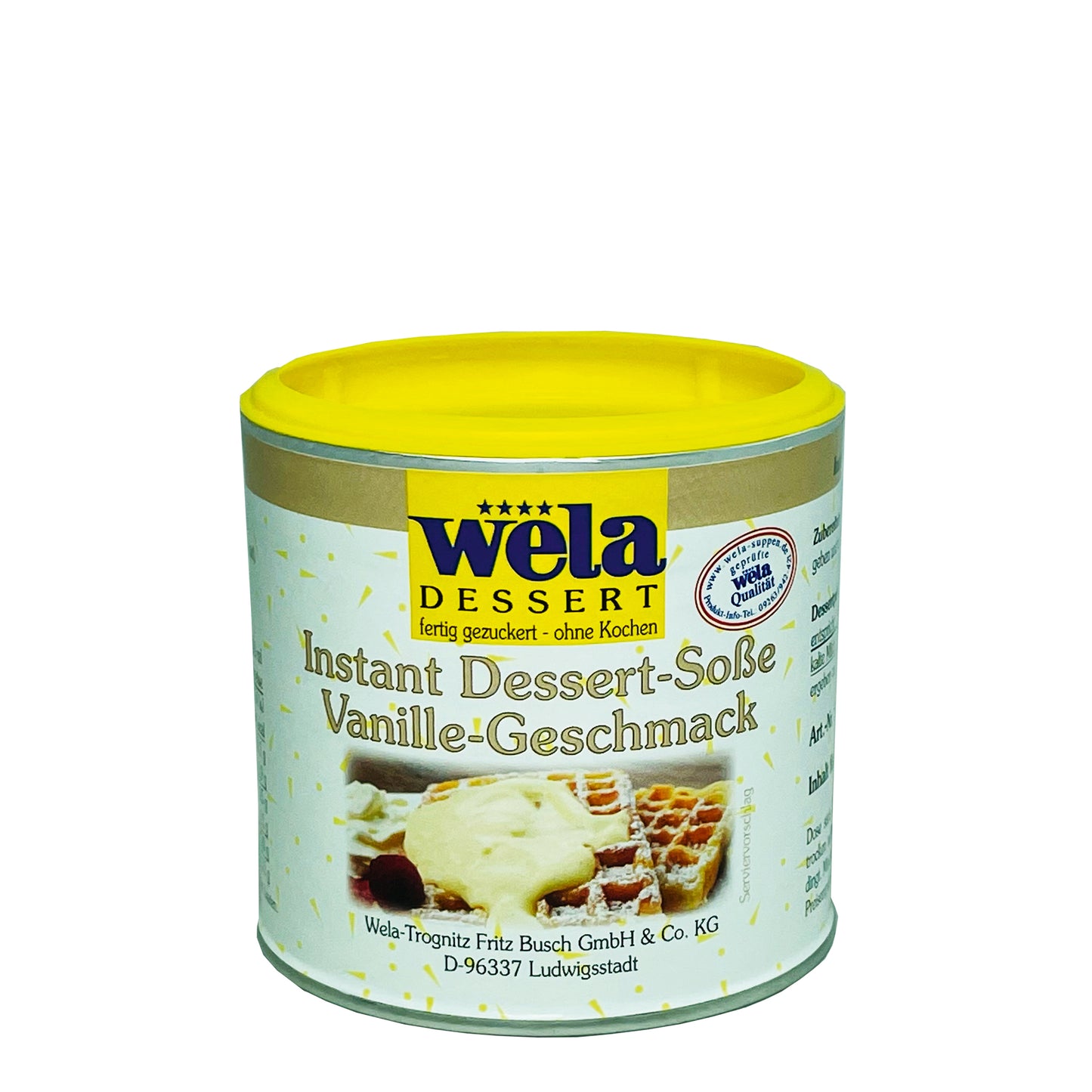 Wela Instant Dessert-Sauce Vanille-Geschmack - eine kleine Dose mit weißem Etikett und Waffeln mit Sauce als Motiv.