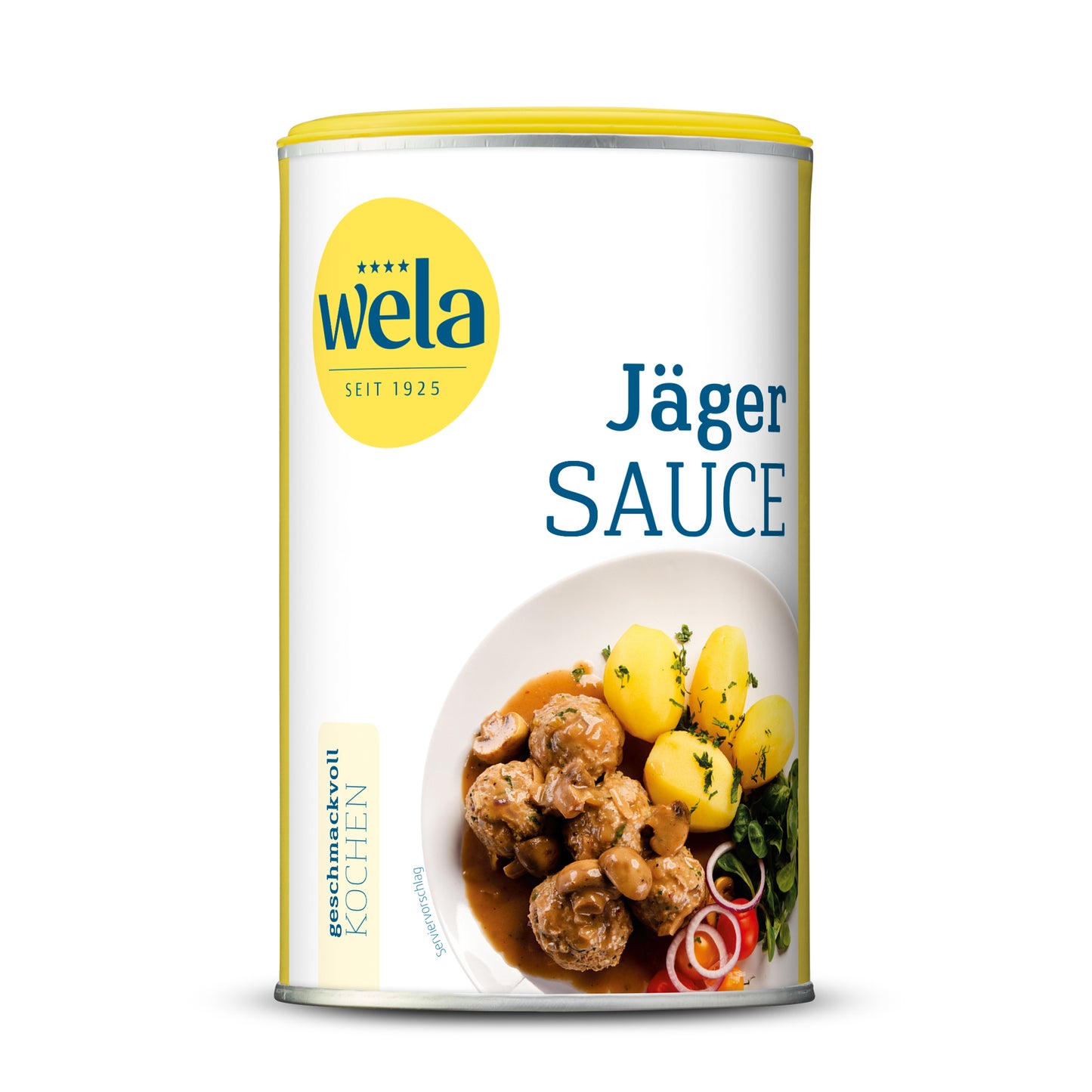 Wela Jägersauce - Dose mit gelb-weißem Vorderseitenetikett, Motiv eines Tellergerichts.