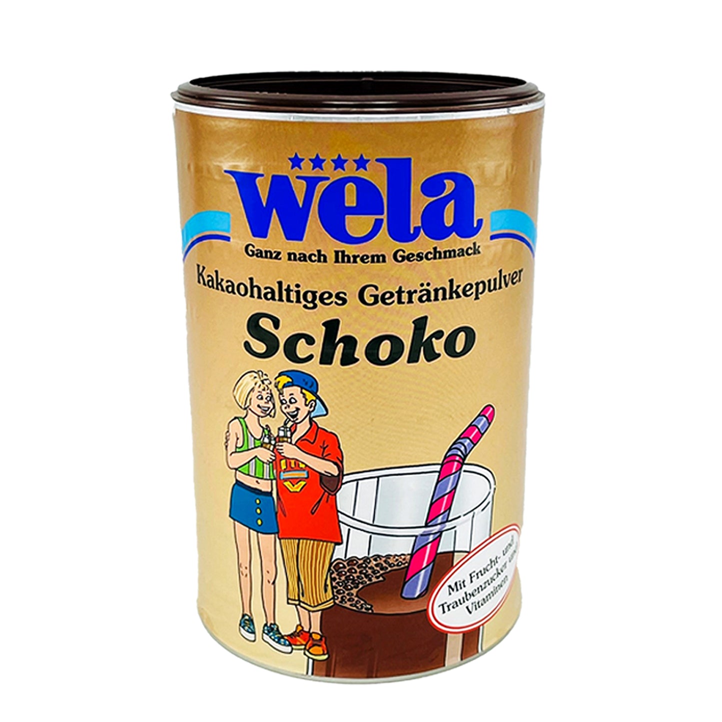 Wela kakaohaltiges Getränkepulver Schoko - Dose mit braunem Etikett und grafischer Darstellung.