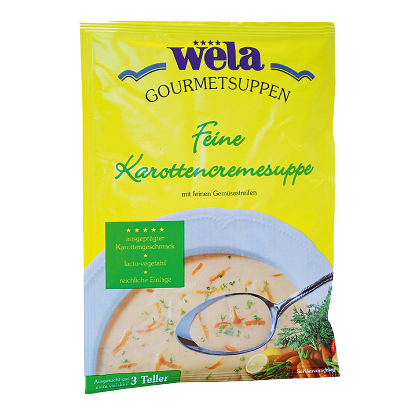 Ein gelber Suppenbeutel mit grüner Aufschrift und Suppe als Motiv.