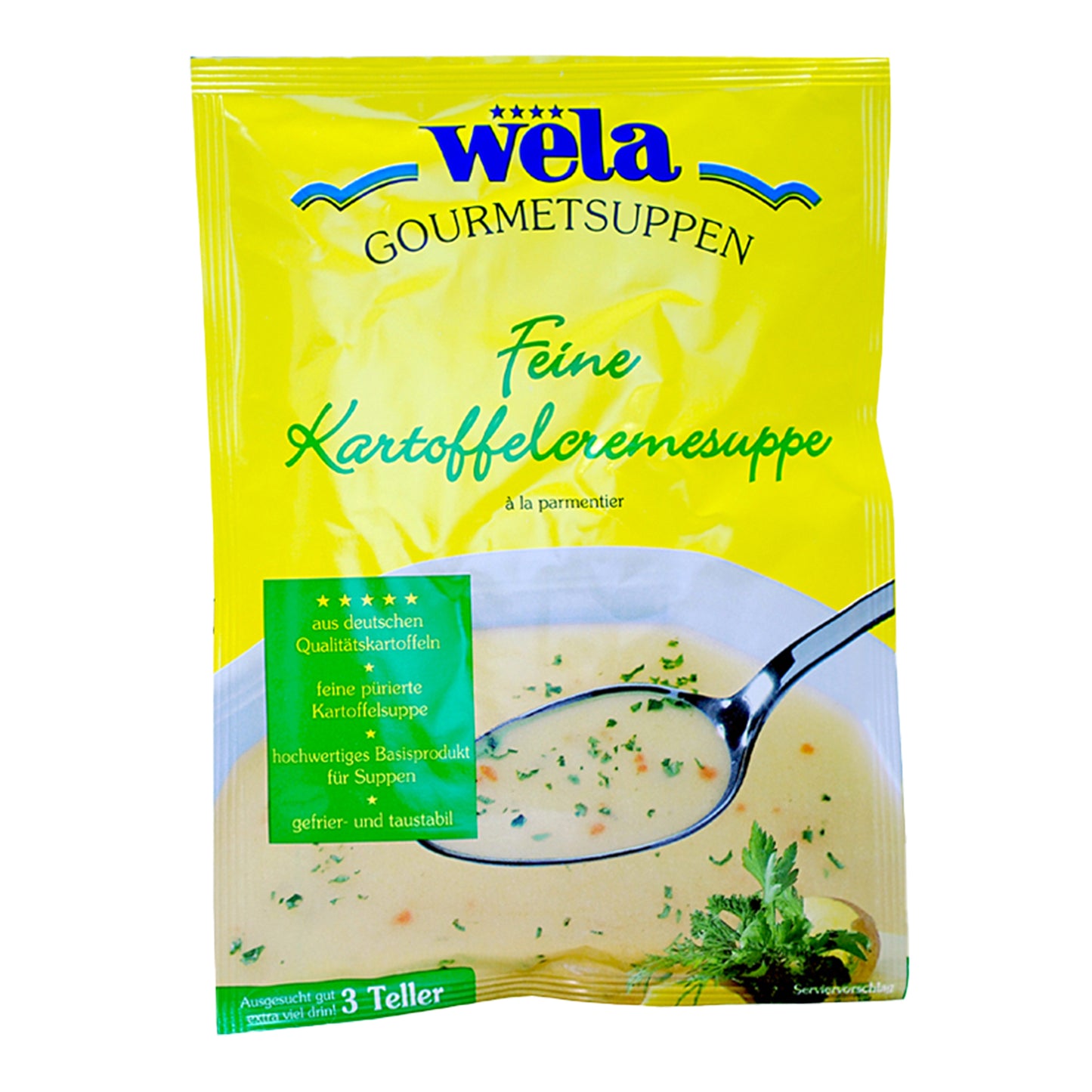 Ein gelber Suppenbeutel mit grüner Aufschrift und Suppe als Motiv.