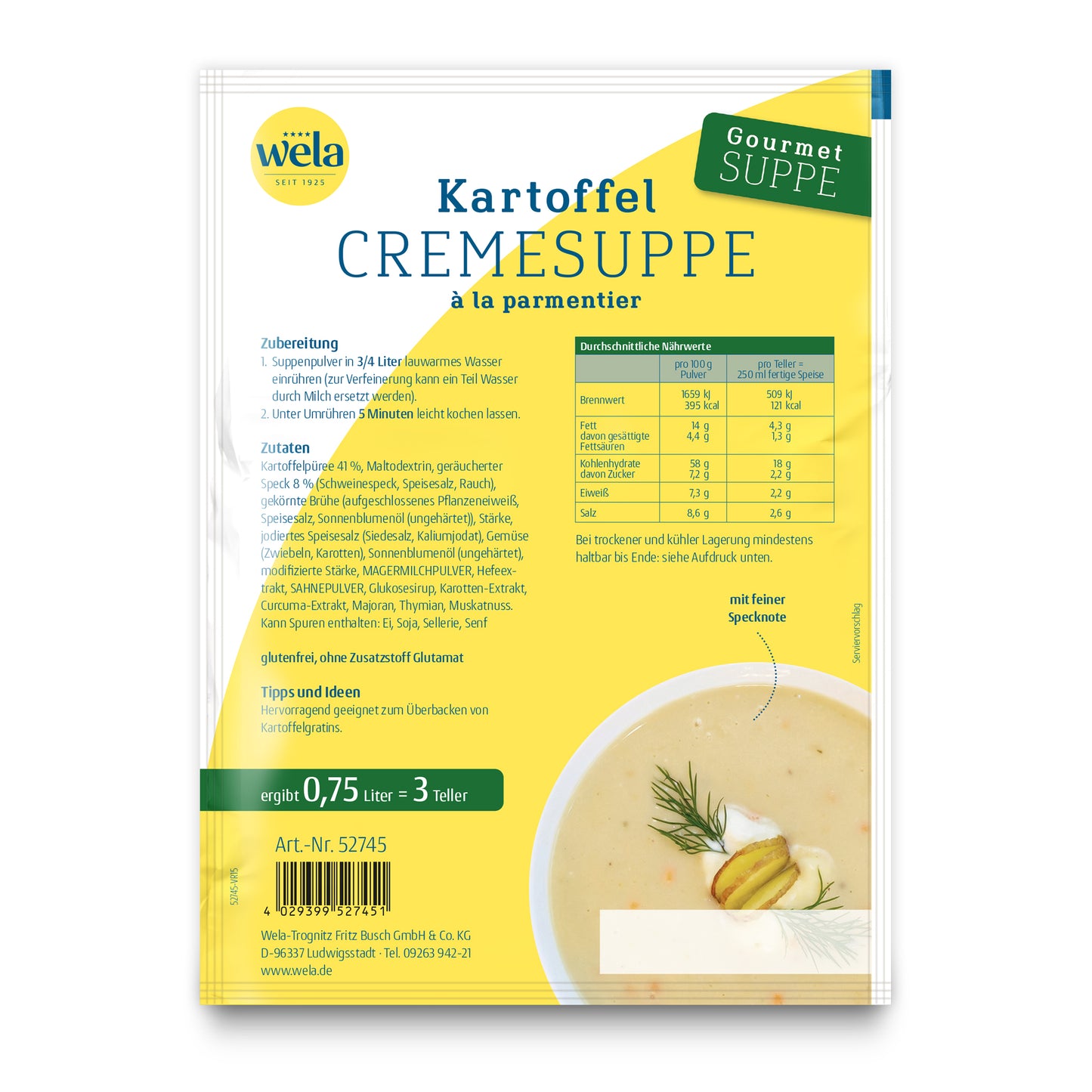 Wela Kartoffelcremesuppe Gourmet, 3 Teller – Beutel Rückseite mit Zubereitung, Zutaten und Nährwerten