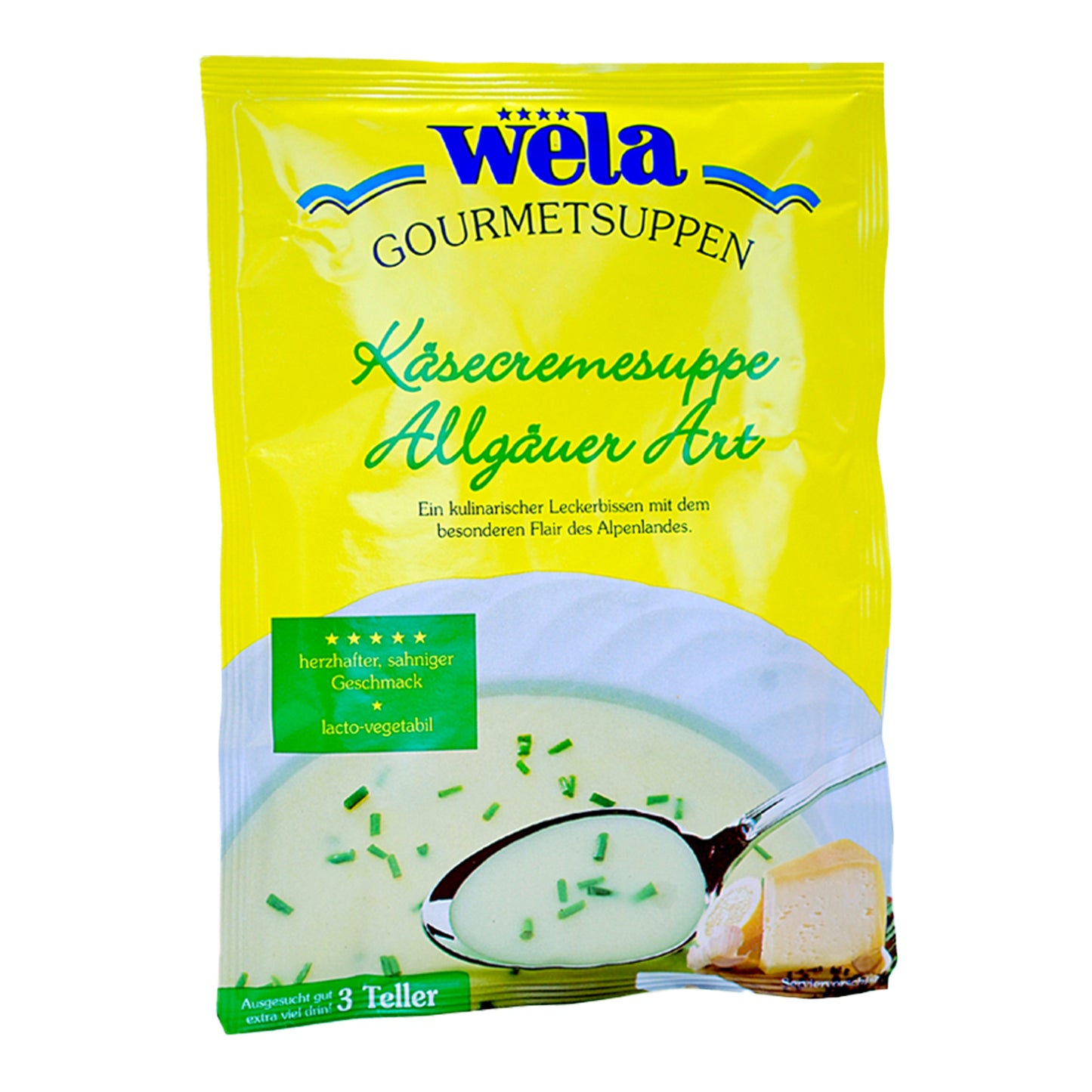 Ein gelber Suppenbeutel mit grüner Aufschrift und Suppe als Motiv.