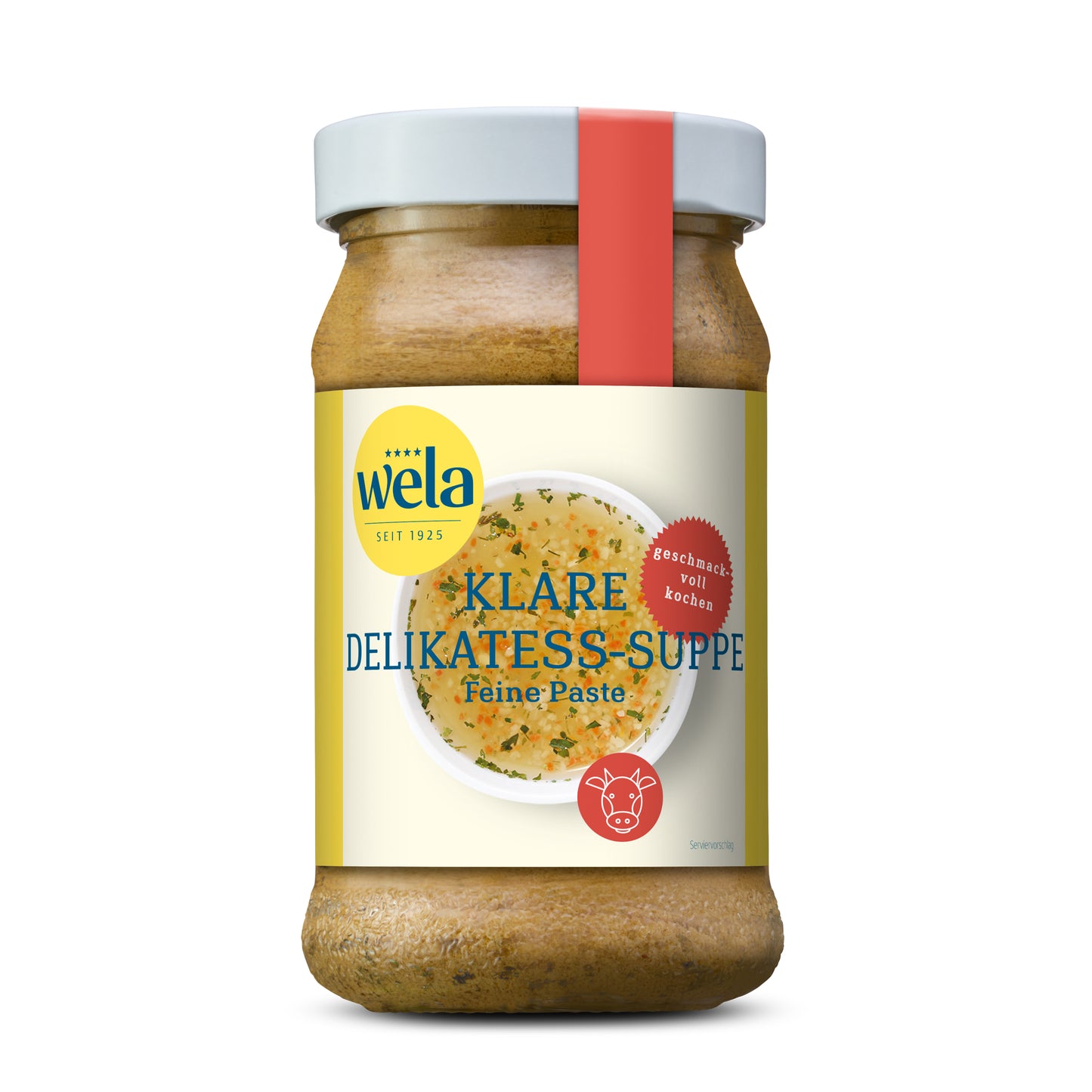 Wela Klare Delikatess-Suppe Feine Paste - Glas mit heller Suppenpaste, gelb-weißem Vorderseitenetikett, roter Banderole, Motiv einer Brühe.