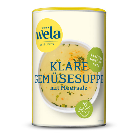 Wela Klare Gemüsesuppe mit Meersalz gekörnt - Vorratsdose mit gelb-weißem Vorderseitenetikett, Motiv einer Brühe.