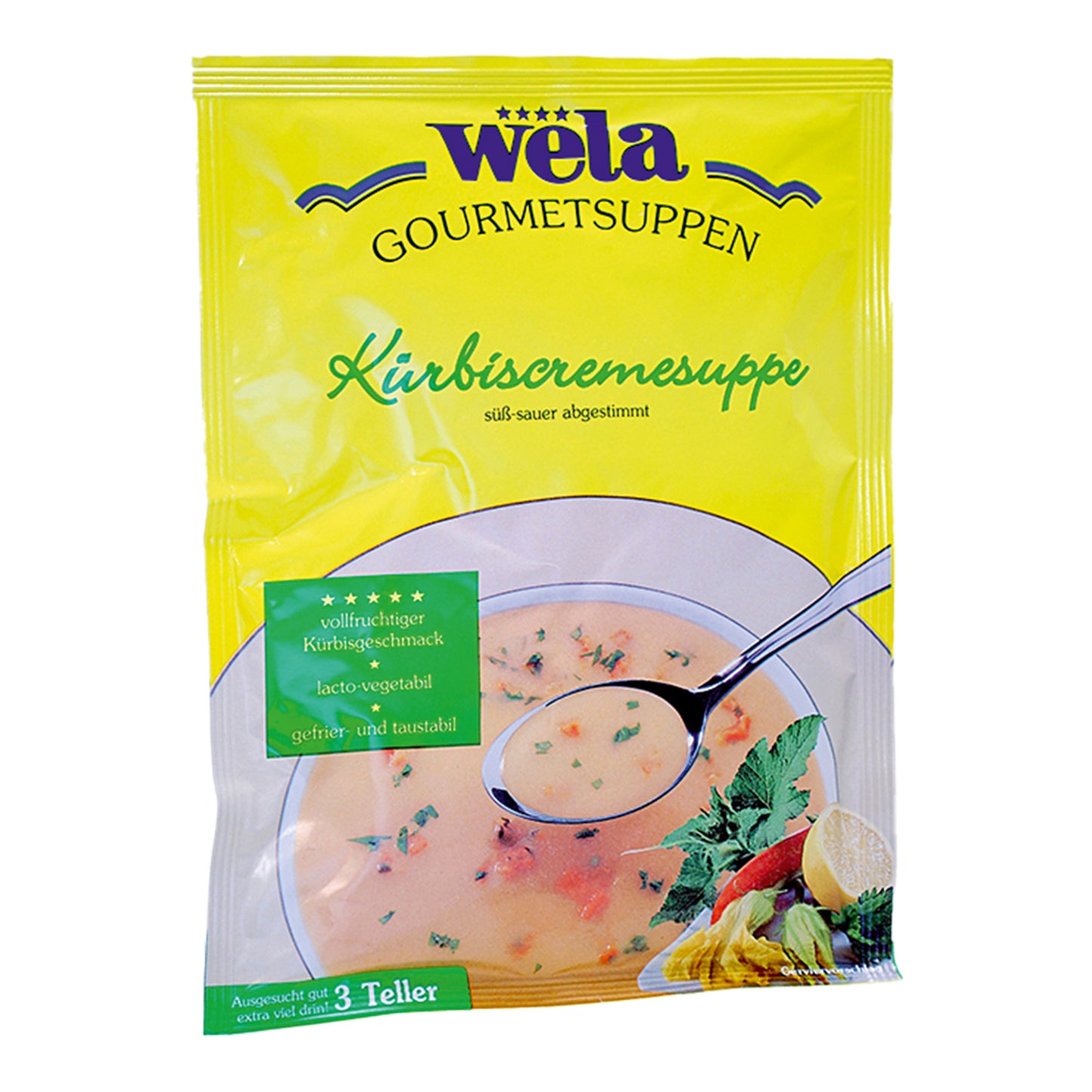 Ein gelber Suppenbeutel mit grüner Aufschrift und Suppe als Motiv.