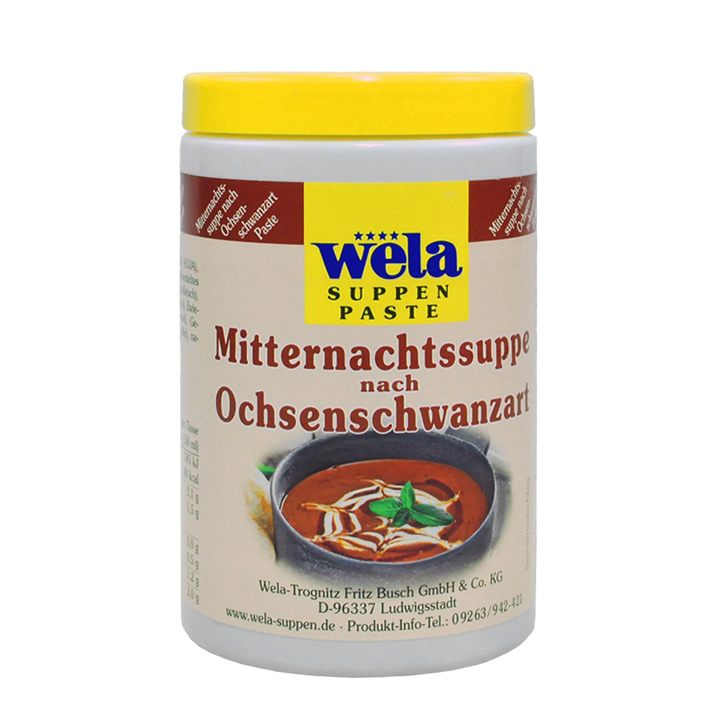 Wela Mitternachtssuppe Paste – weiße Kunststoffdose mit gelbem Deckel und Etikett mit Suppenmotiv.