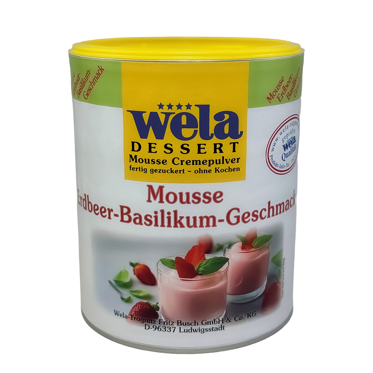 Wela Mousse Erdbeer-Basilikum-Geschmack - Dose mit gelb-weißem Etikett und Dessert als Motiv.