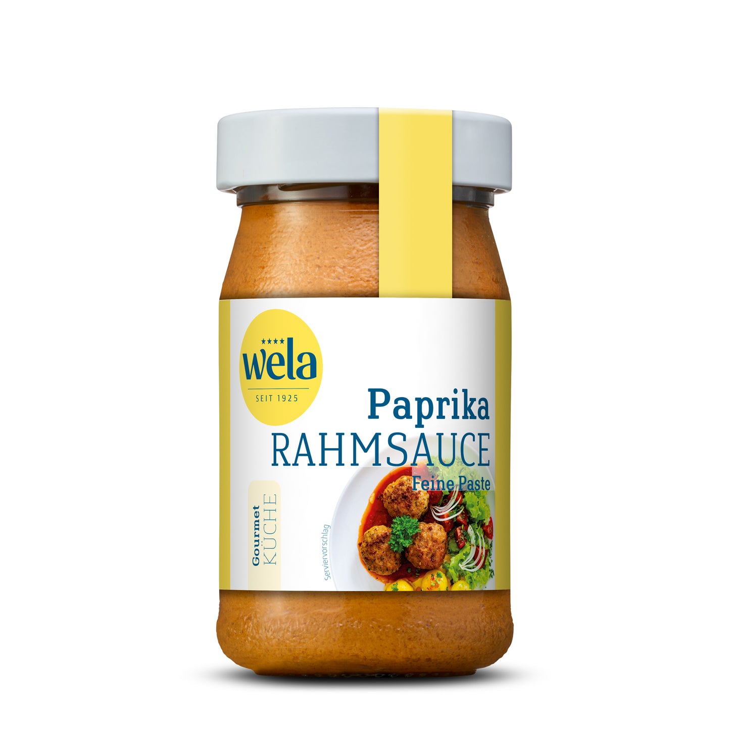 Wela Paprikarahmsauce feine Paste - Glas mit Saucenpaste, gelb-weißem Vorderseitenetikett, gelbe Banderole, Motiv mit Tellergericht.