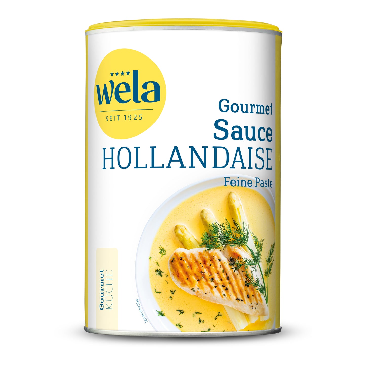 Wela Sauce Hollandaise feine Paste - Vorratsdose mit gelb-weißem Vorderseitenetikett, Motiv eines Spargelgerichts.