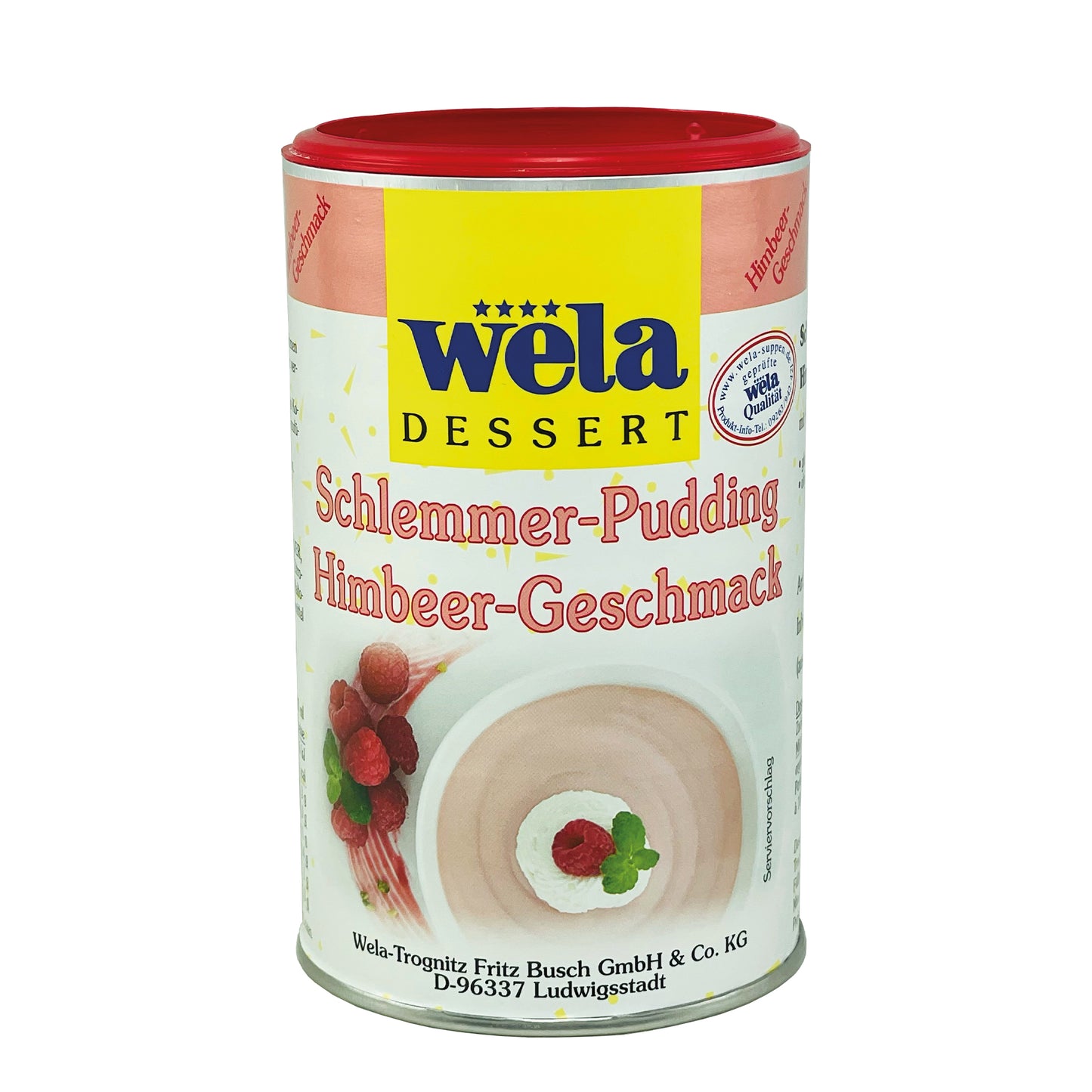 Wela Schlemmerpudding Himbeer-Geschmack - Dose mit gelb-weißem Etikett und Dessert als Motiv.