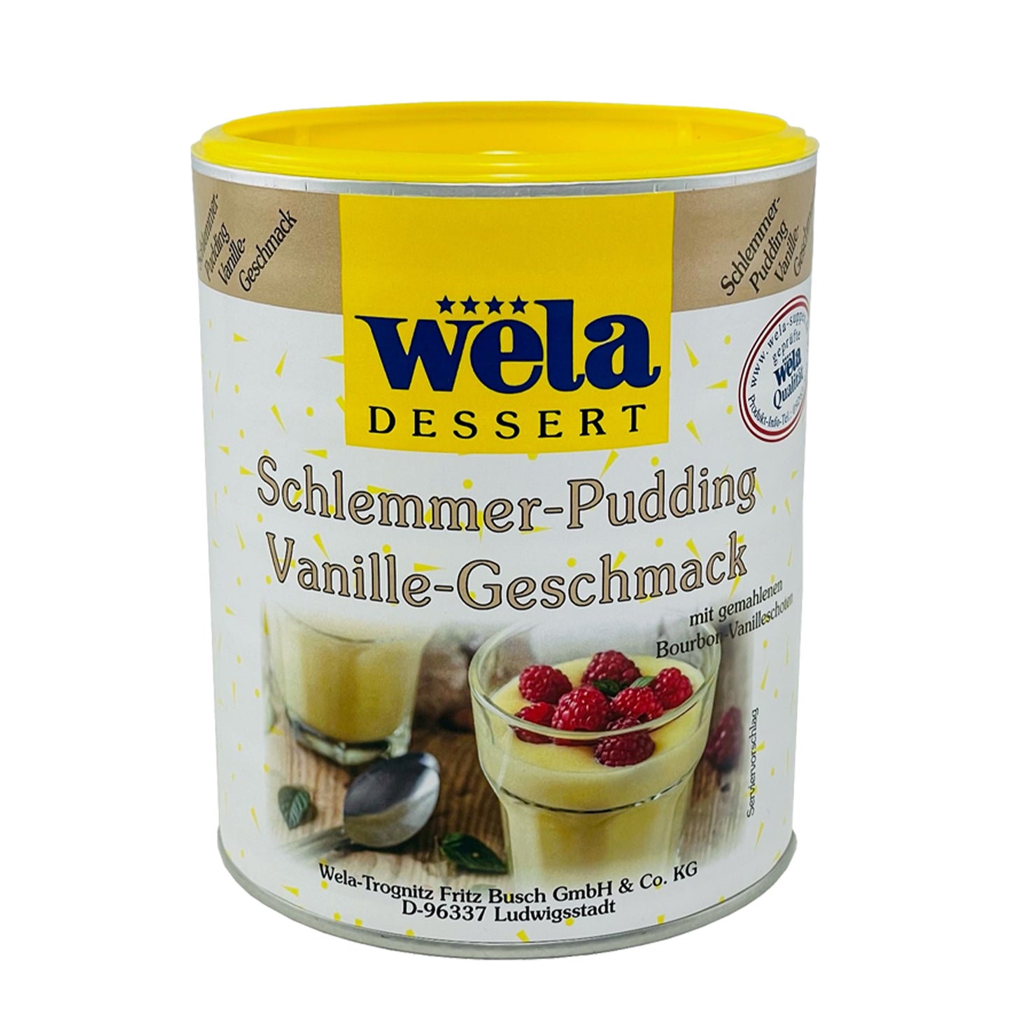 Wela Schlemmer-Pudding Vanille-Geschmack – Dose mit weißem Etikett, Produktbezeichnung und Puddingmotiv.