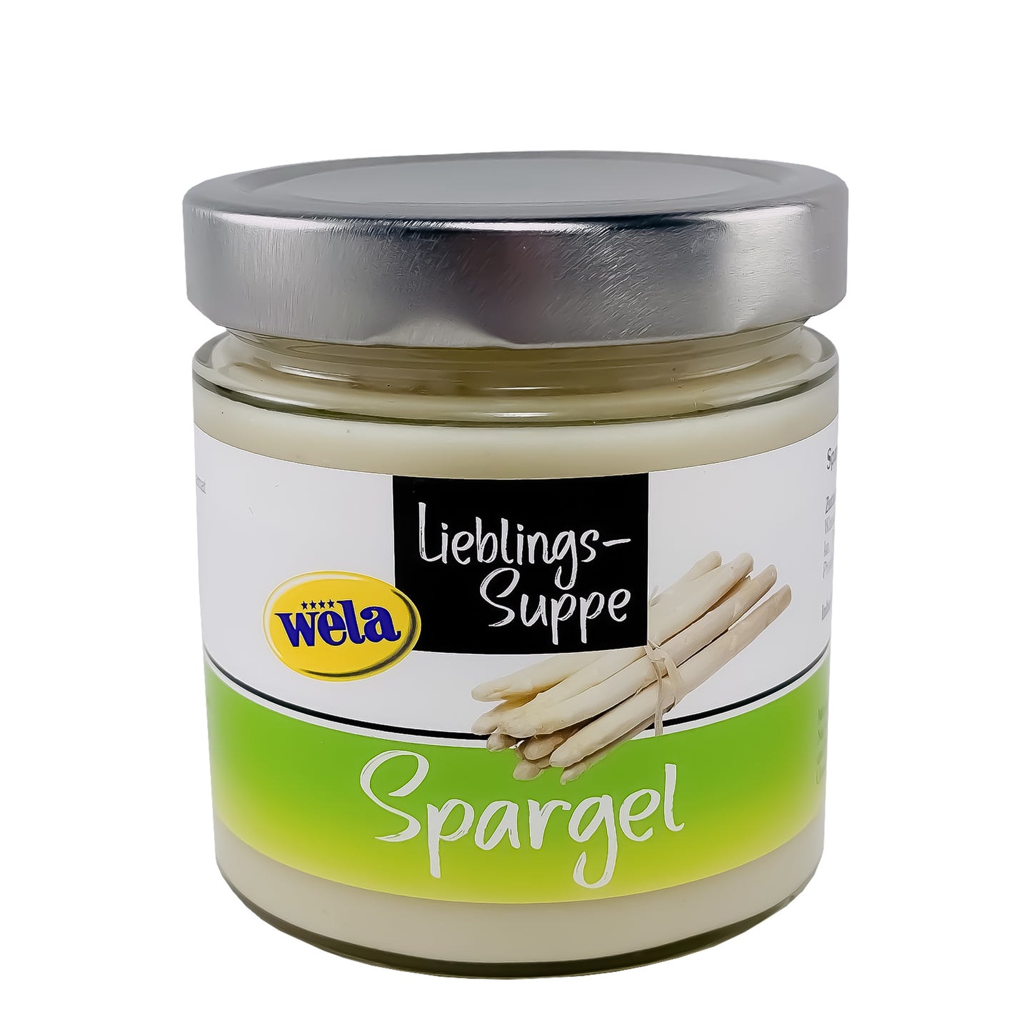 Wela Spargelcremesuppe - Glas mit silbernen Schraubverschluss und weiß-grünem Etikett mit Spargelabbildung.
