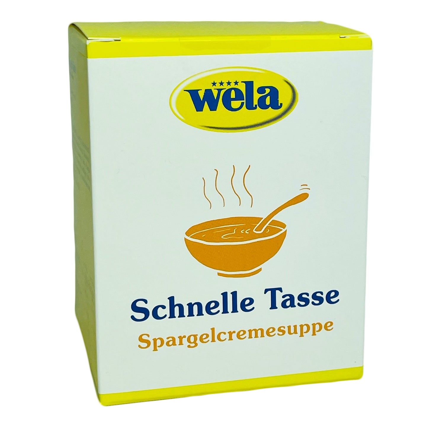 Wela Schnelle Tasse Spargelcremesuppe - Ein gelber Karton mit weißem Etikett und Aufschrift.