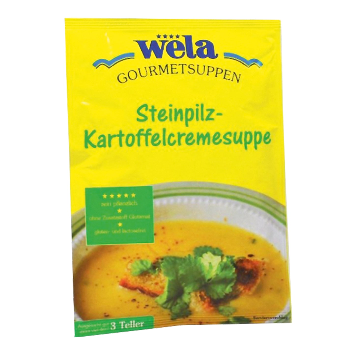 Ein gelber Suppenbeutel mit grüner Aufschrift und Suppe als Motiv.