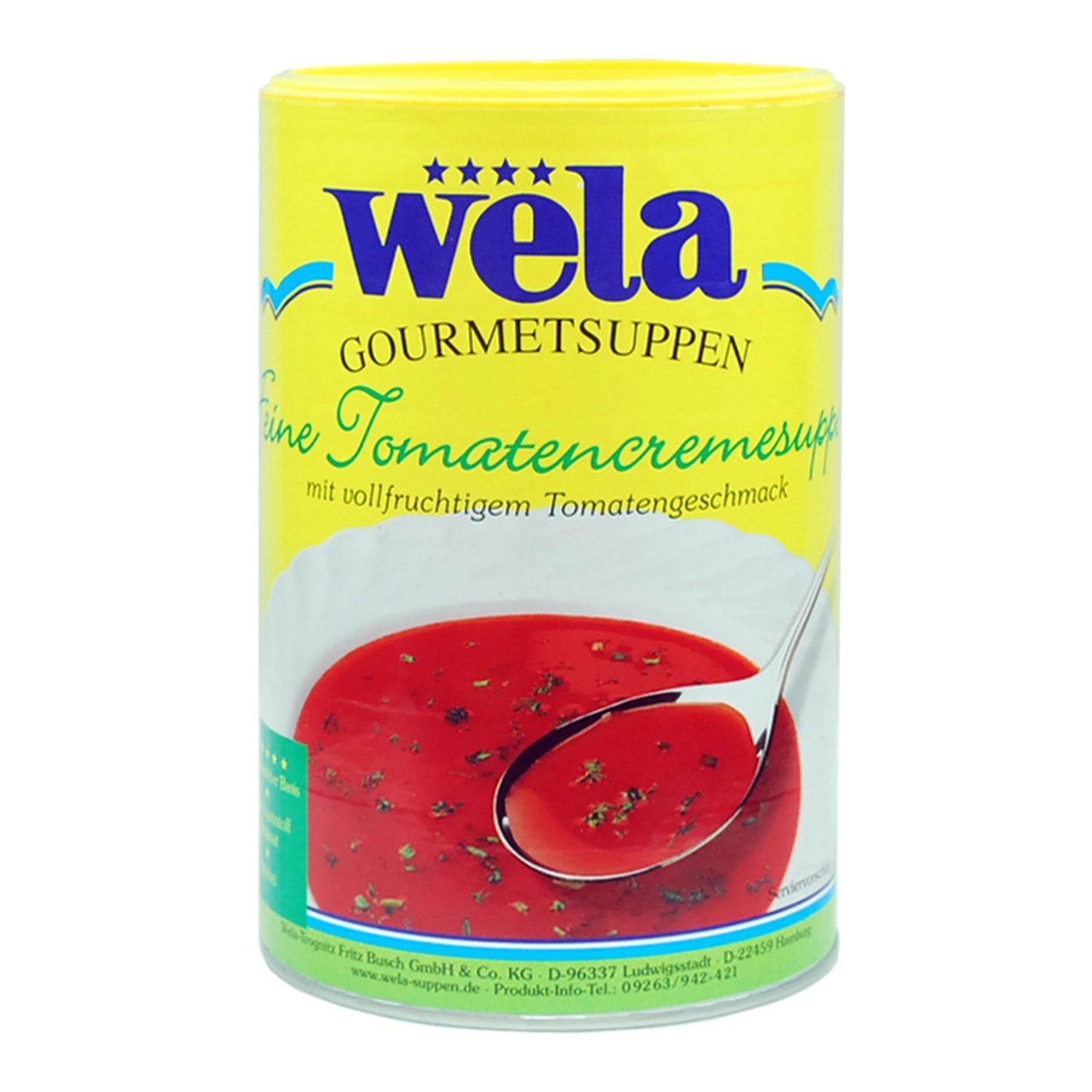 Eine Vorratsdose mit gelbem Etikett, Produktbezeichnung und Suppenmotiv.