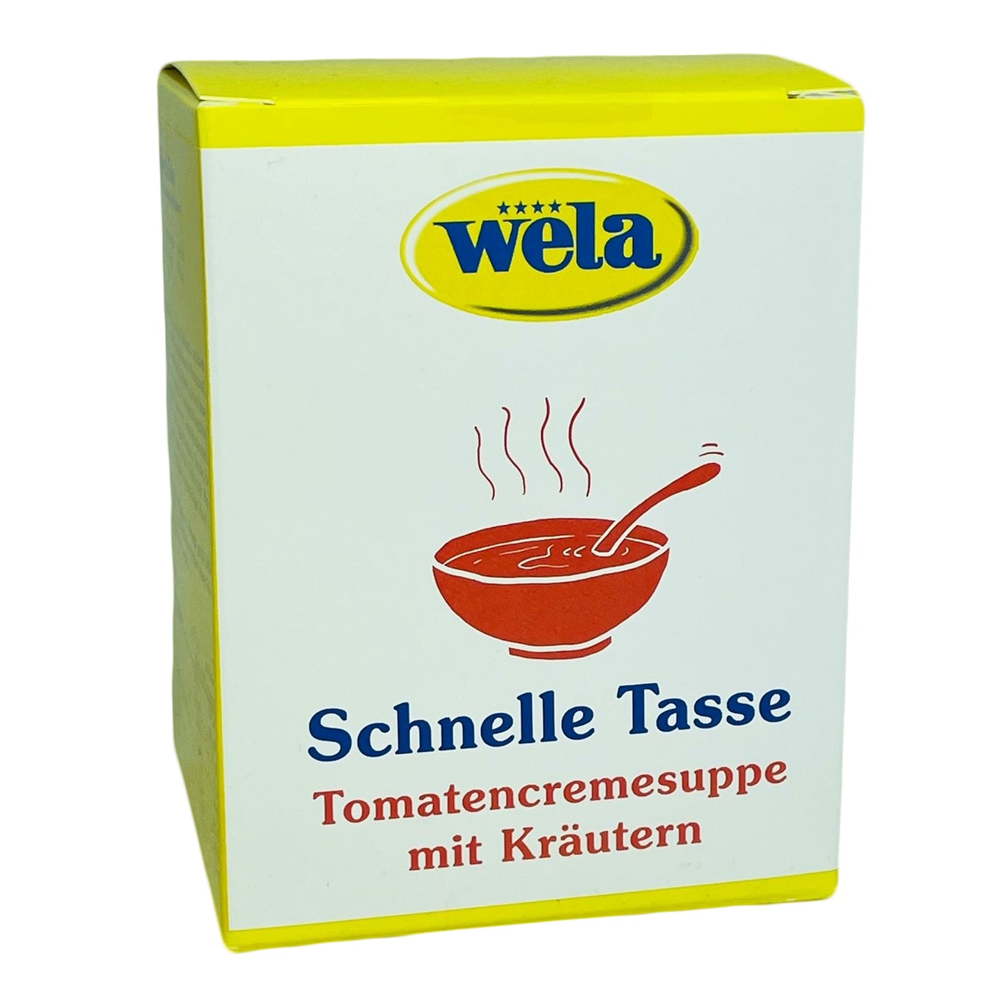 Wela Schnelle Tasse Tomatencremesuppe - Ein gelber Karton mit weißem Etikett und Aufschrift.