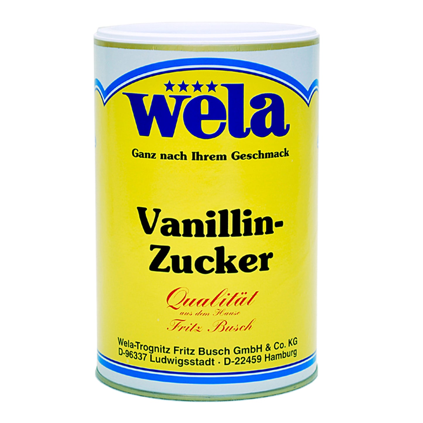 Wela Vanillinzucker - eine große Dose mit gelbem Etikett und Aufschrift Vanillin-Zucker.